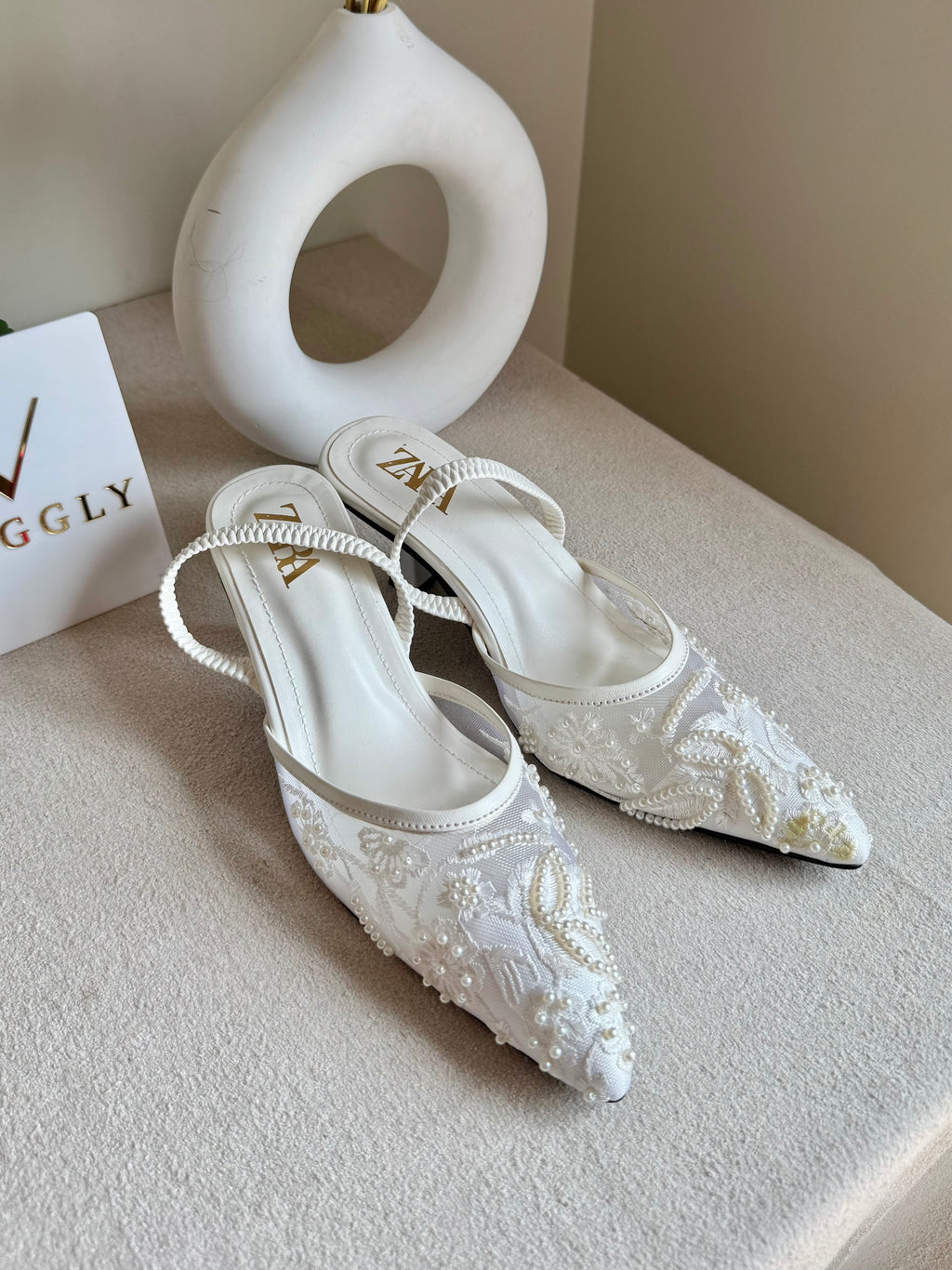 Zara Embroidered Net Heels - White