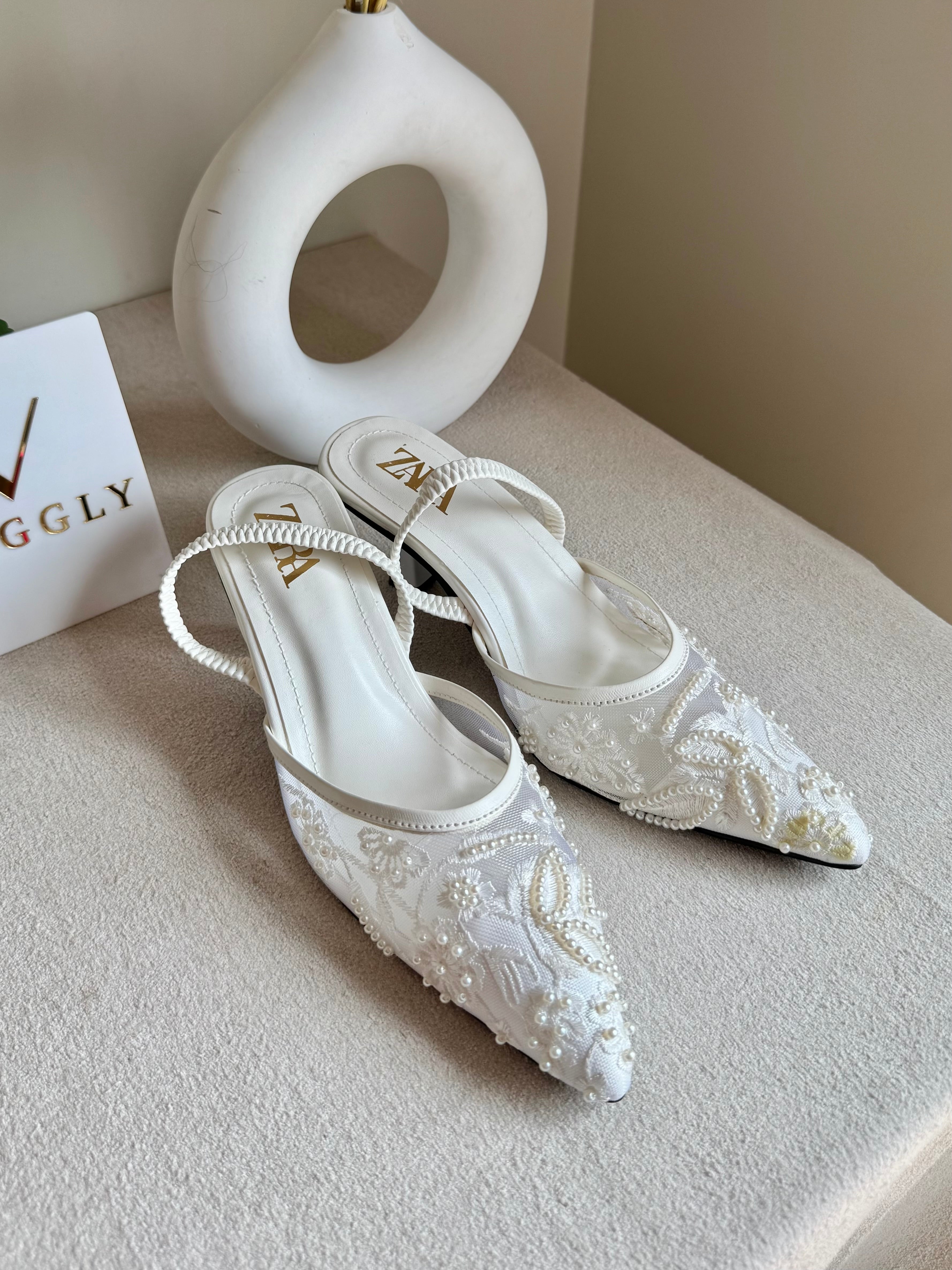 Zara Embroidered Net Heels - White