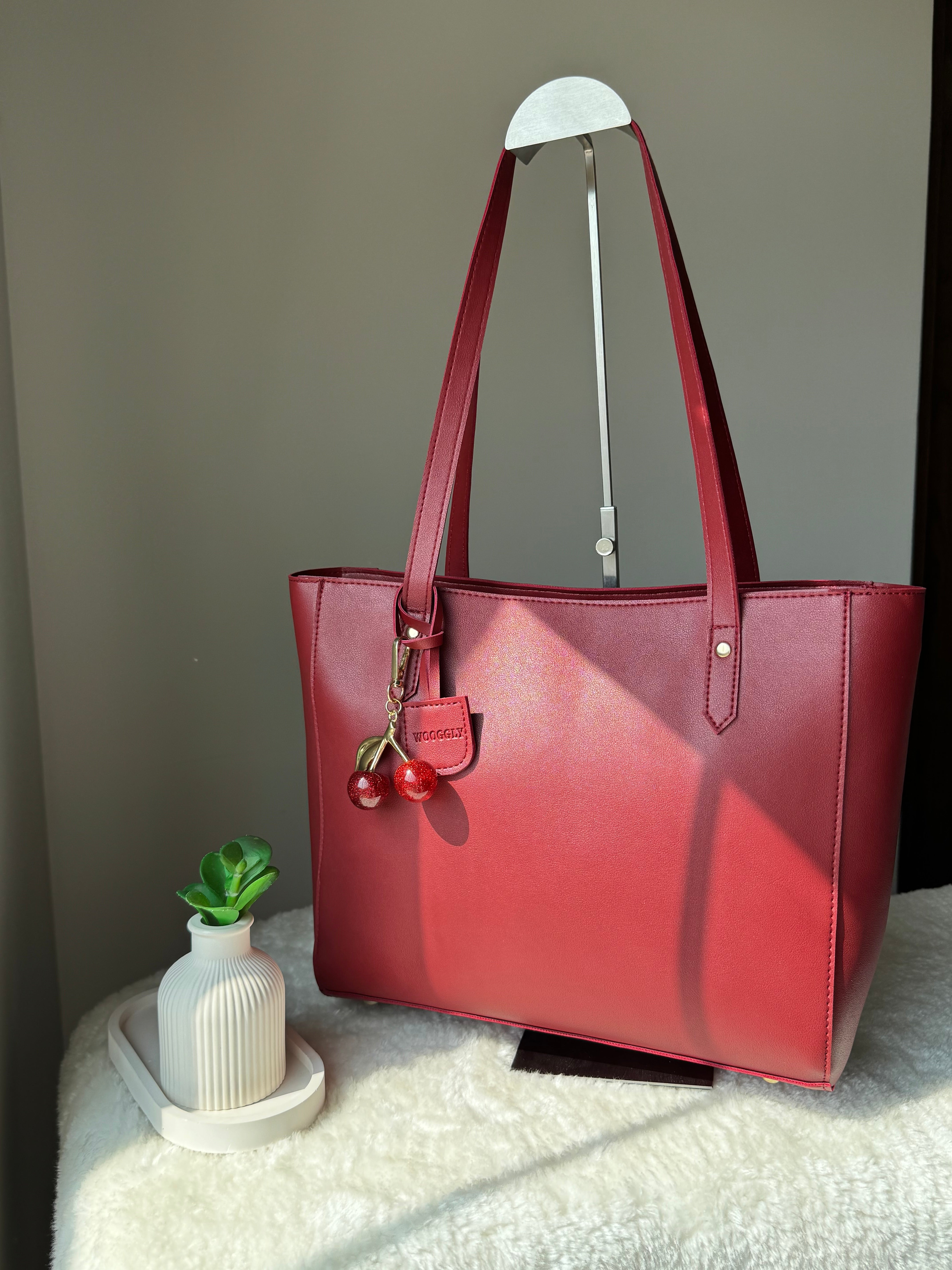 Wooggly Signature Tote Bag with Cherry Charm - Maroon