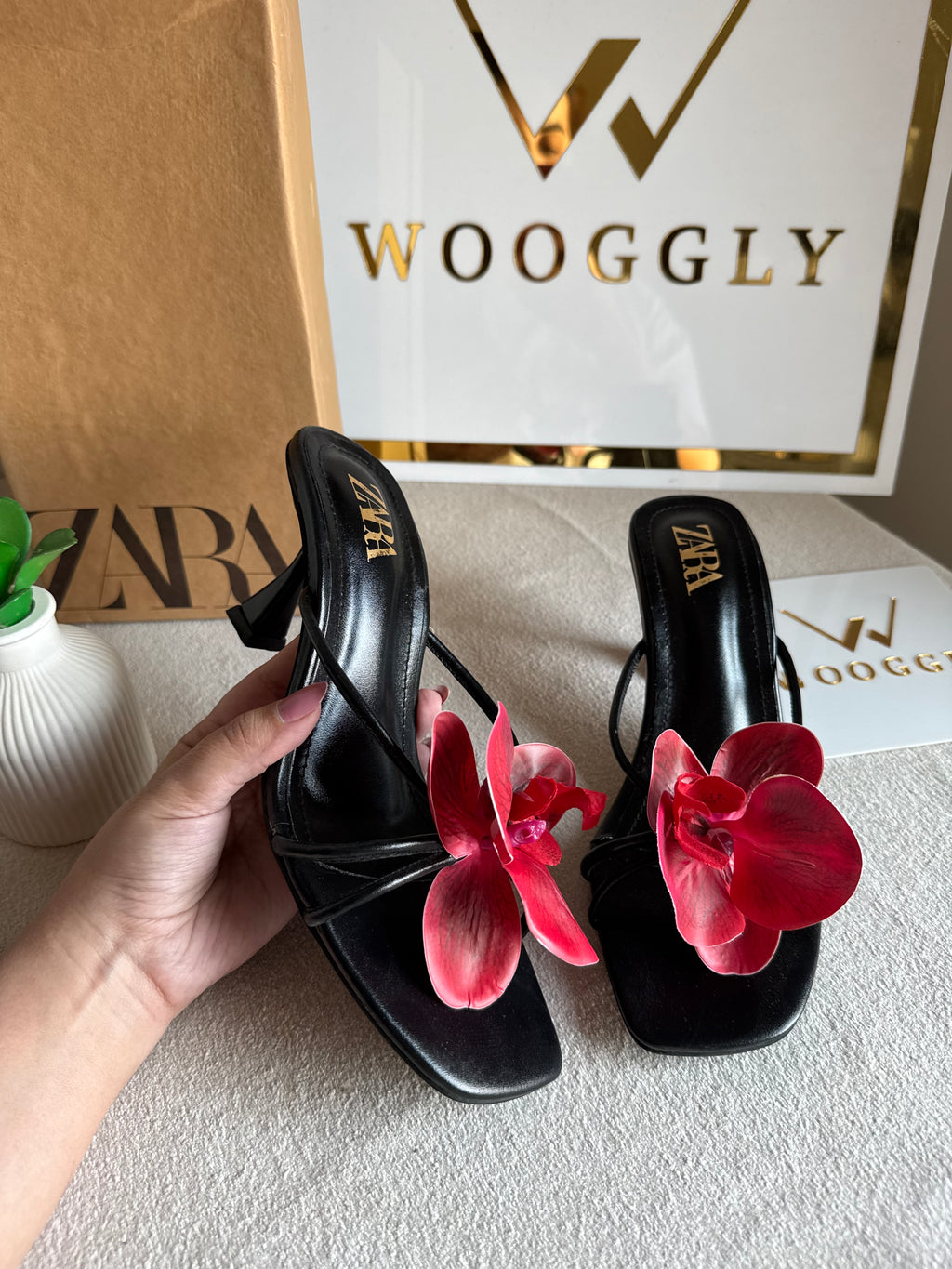 Zara Flower Heels BLACK WITH RED with Brand Box