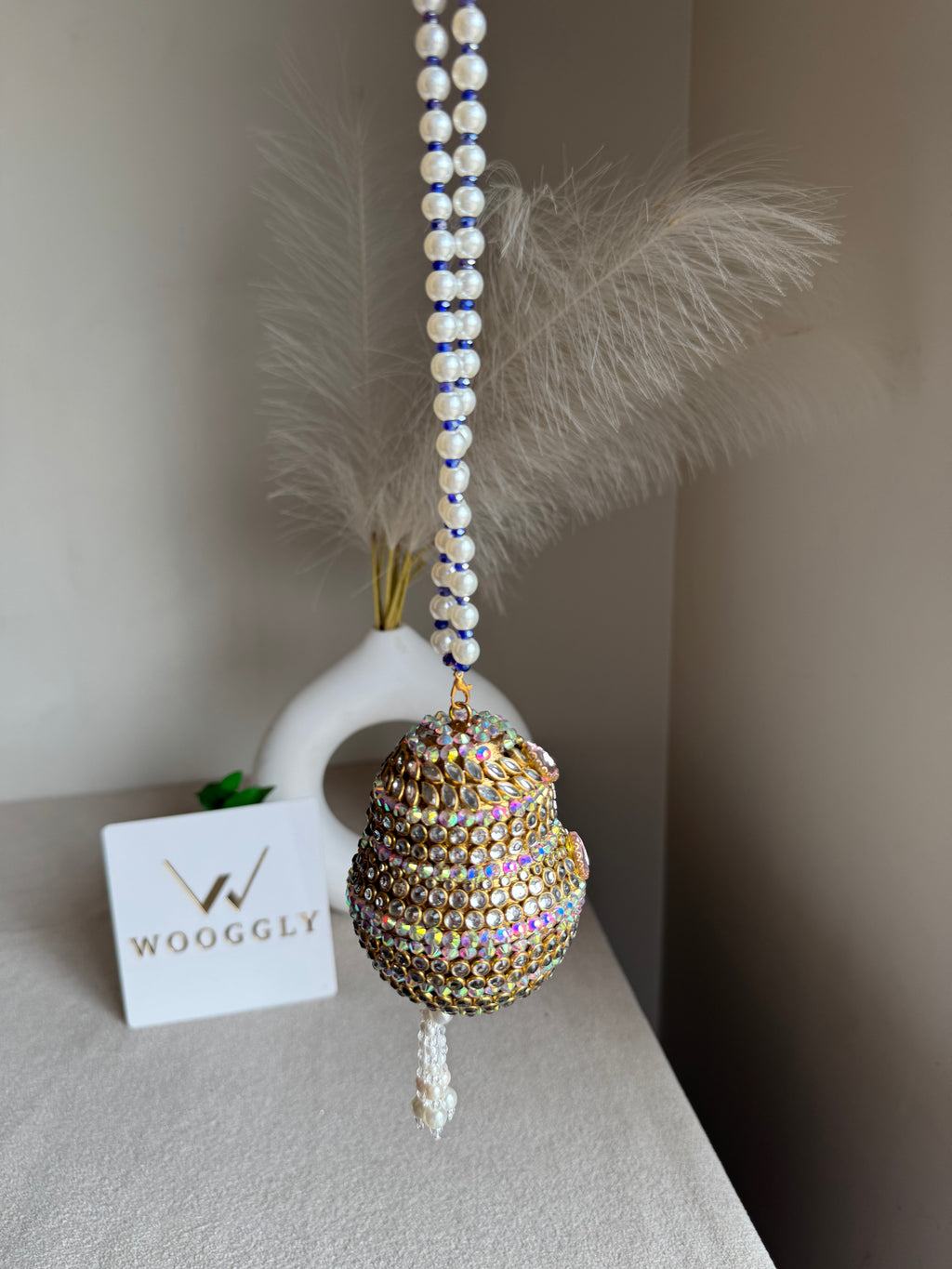 Turkish Potli - Pink Stone with Pearl/Blue Chain