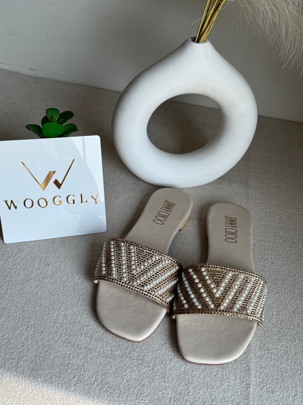 Jimmy Choo Glam Slides Beige with Pearl