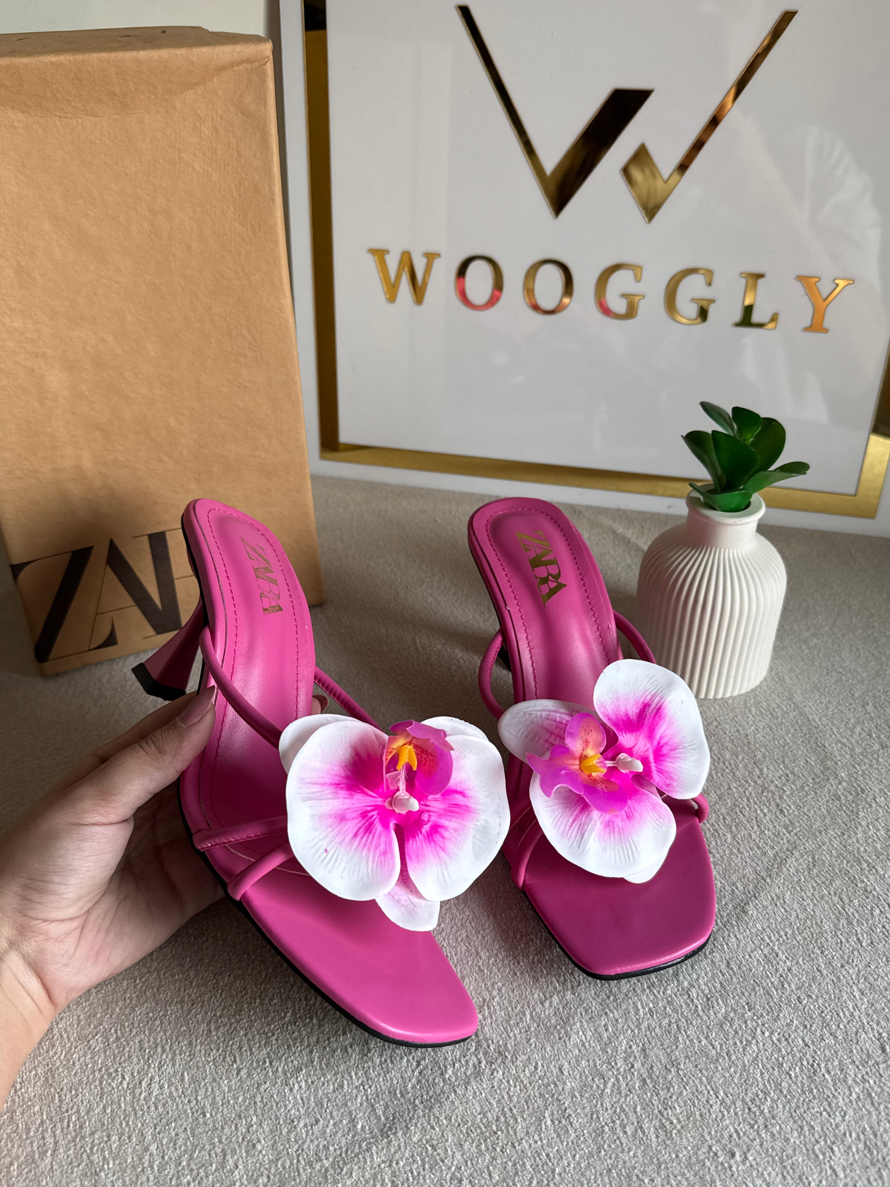 Zara Flower Heels HOT PINK - with Brand Box