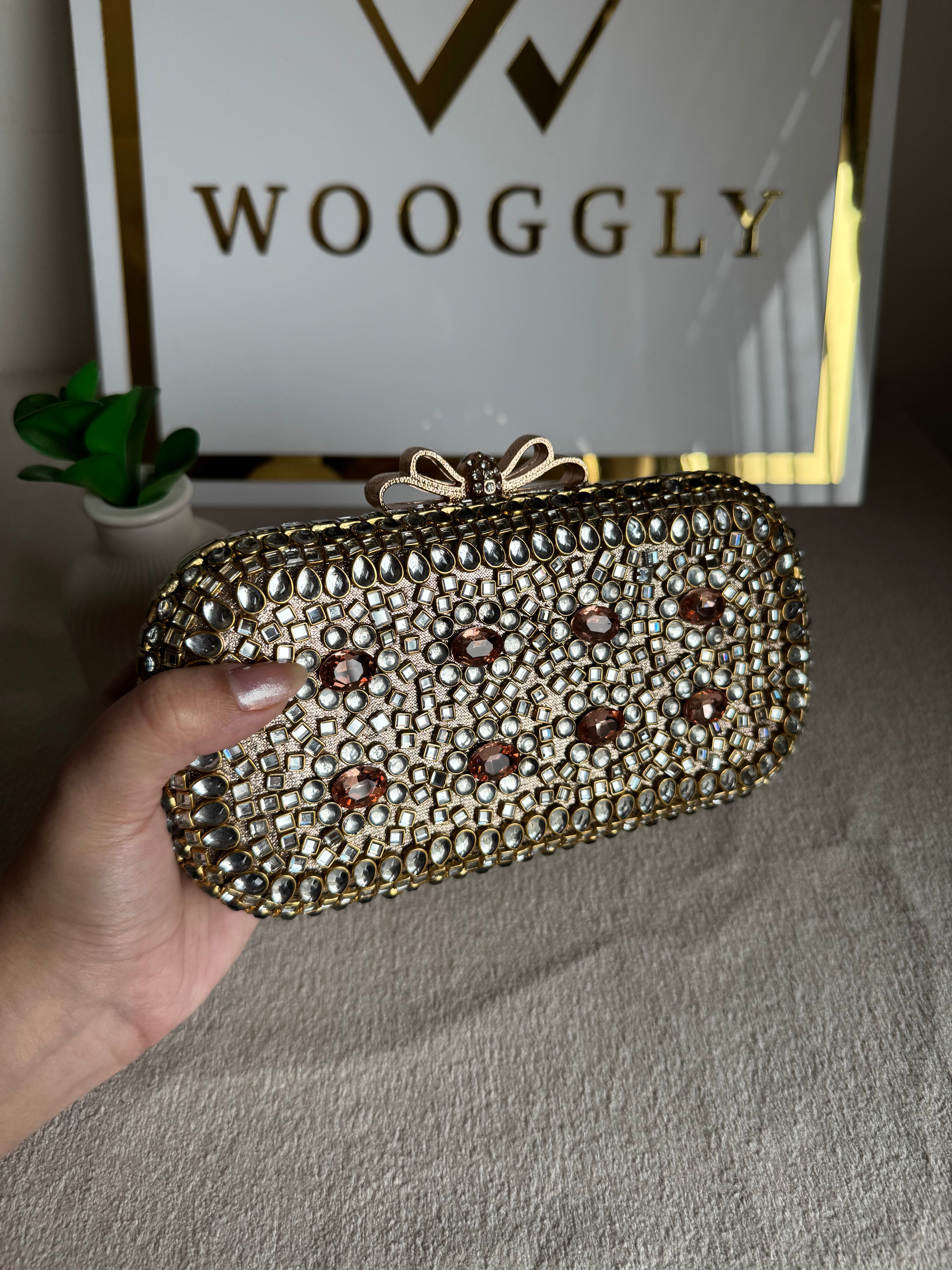 Kundan Stone Clutch - Rose Gold Stones