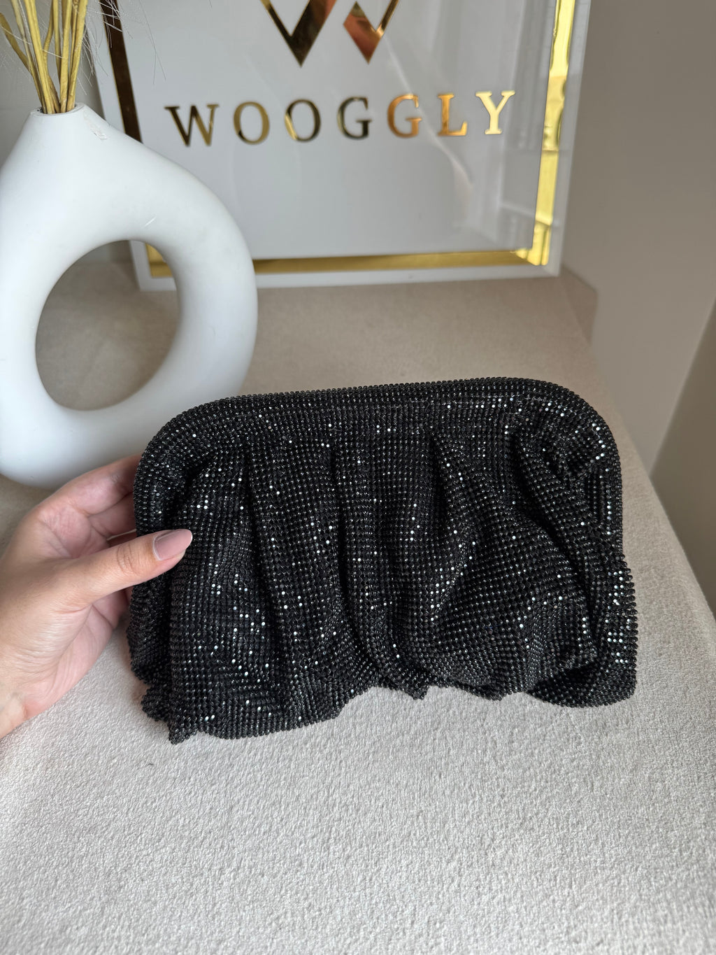 Viral High Quality Rhinestone Clutch with Chain - Black