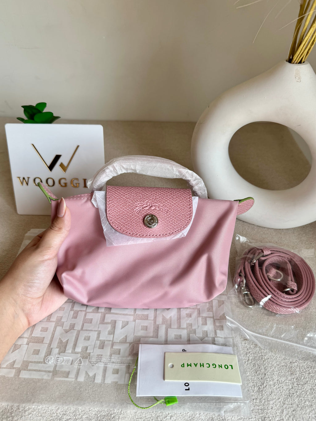 Premium LongChamp Crossbody Bag with Strap - Marshmallow Pink (WITH BRAND LOGO)