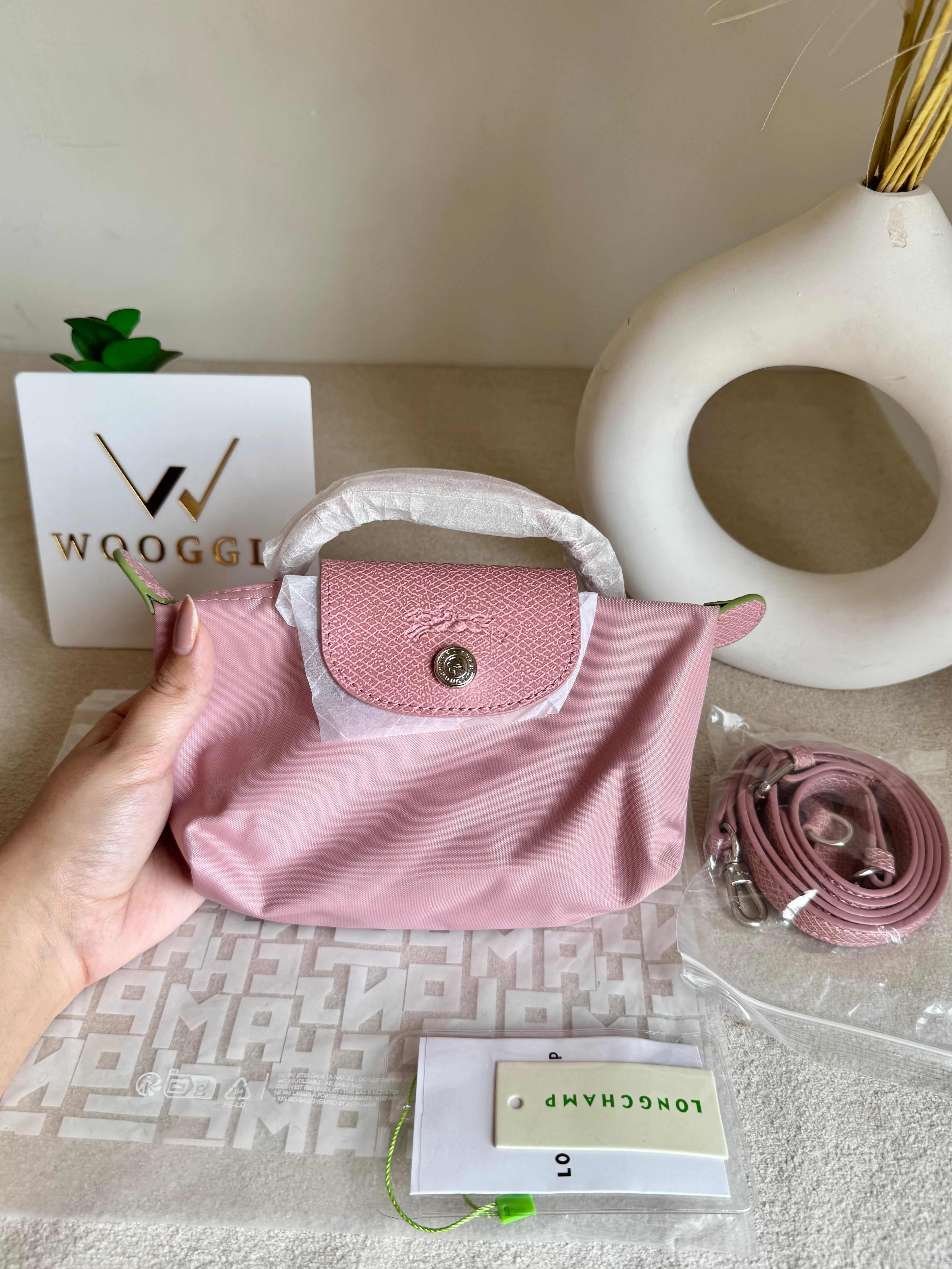 Premium LongChamp Crossbody Bag with Strap - Marshmallow Pink (WITH BRAND LOGO)