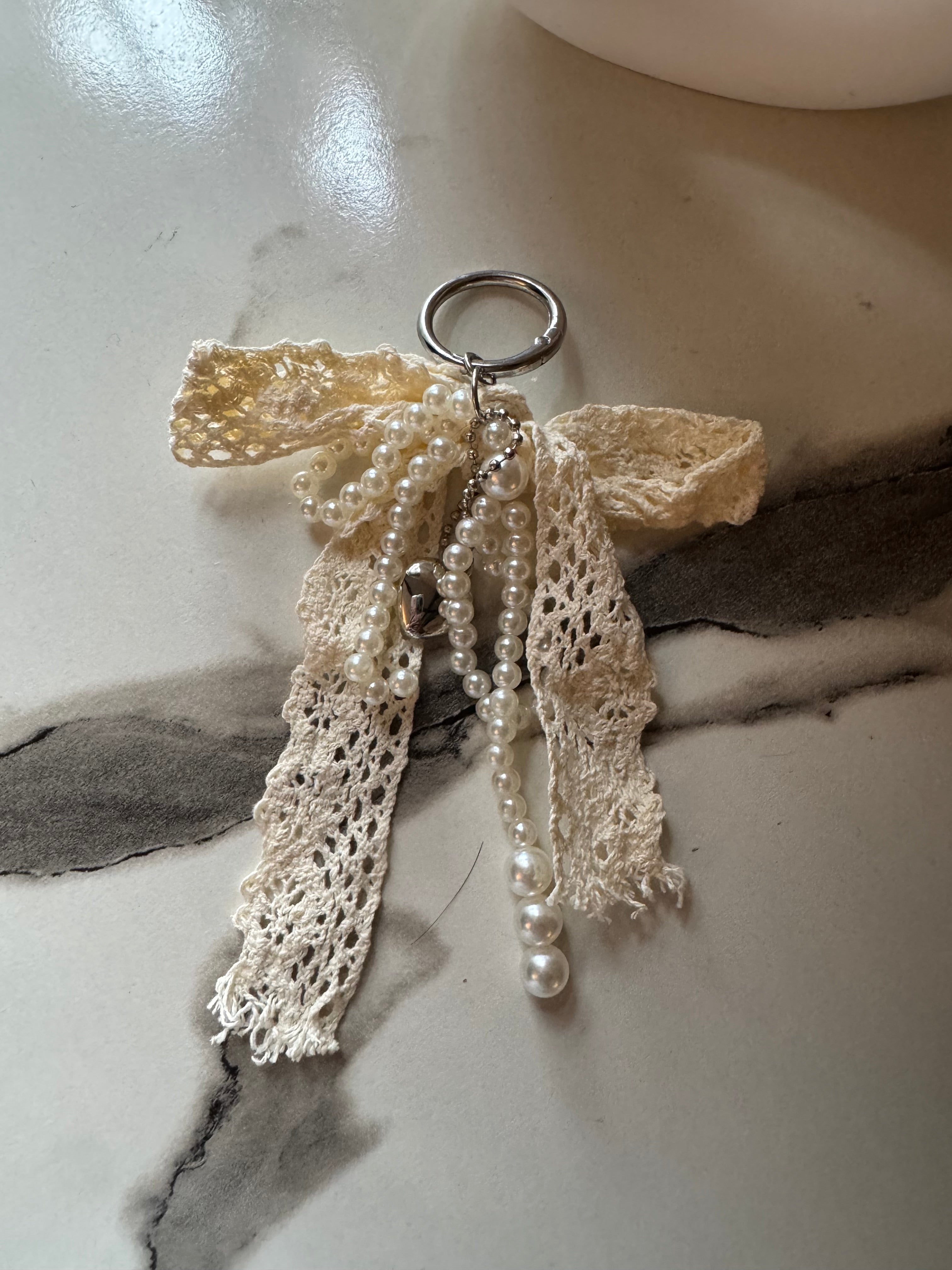 Pearl Heart Bow Bag Charm