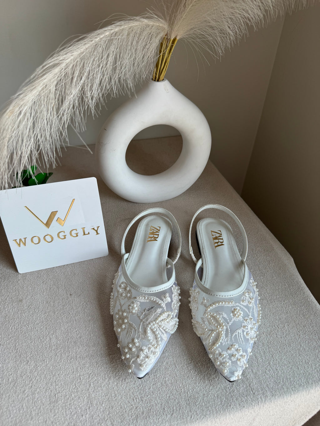 Zara Embroidered Mesh Slingback Flats  - White