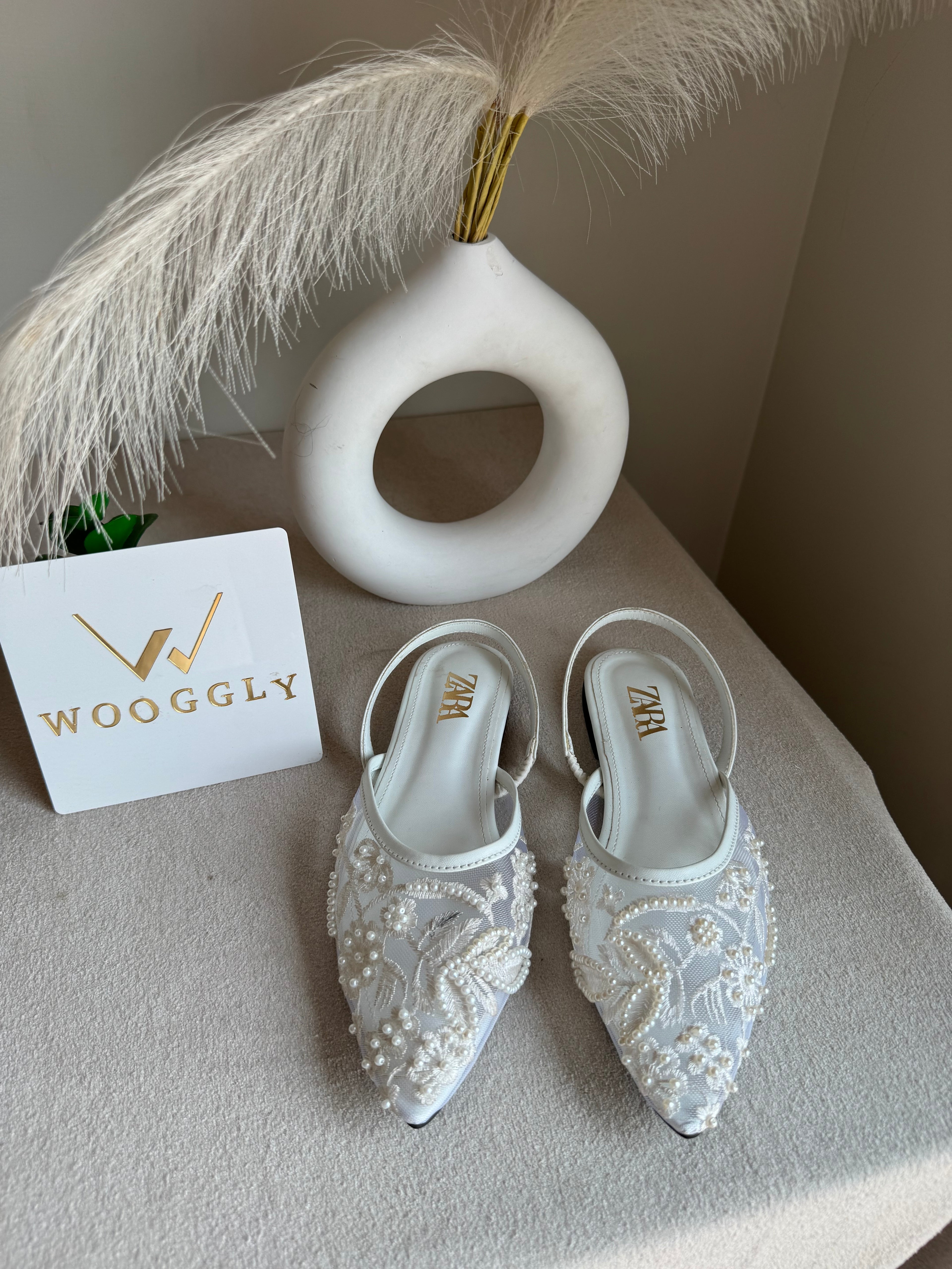 Zara Embroidered Mesh Slingback Flats  - White