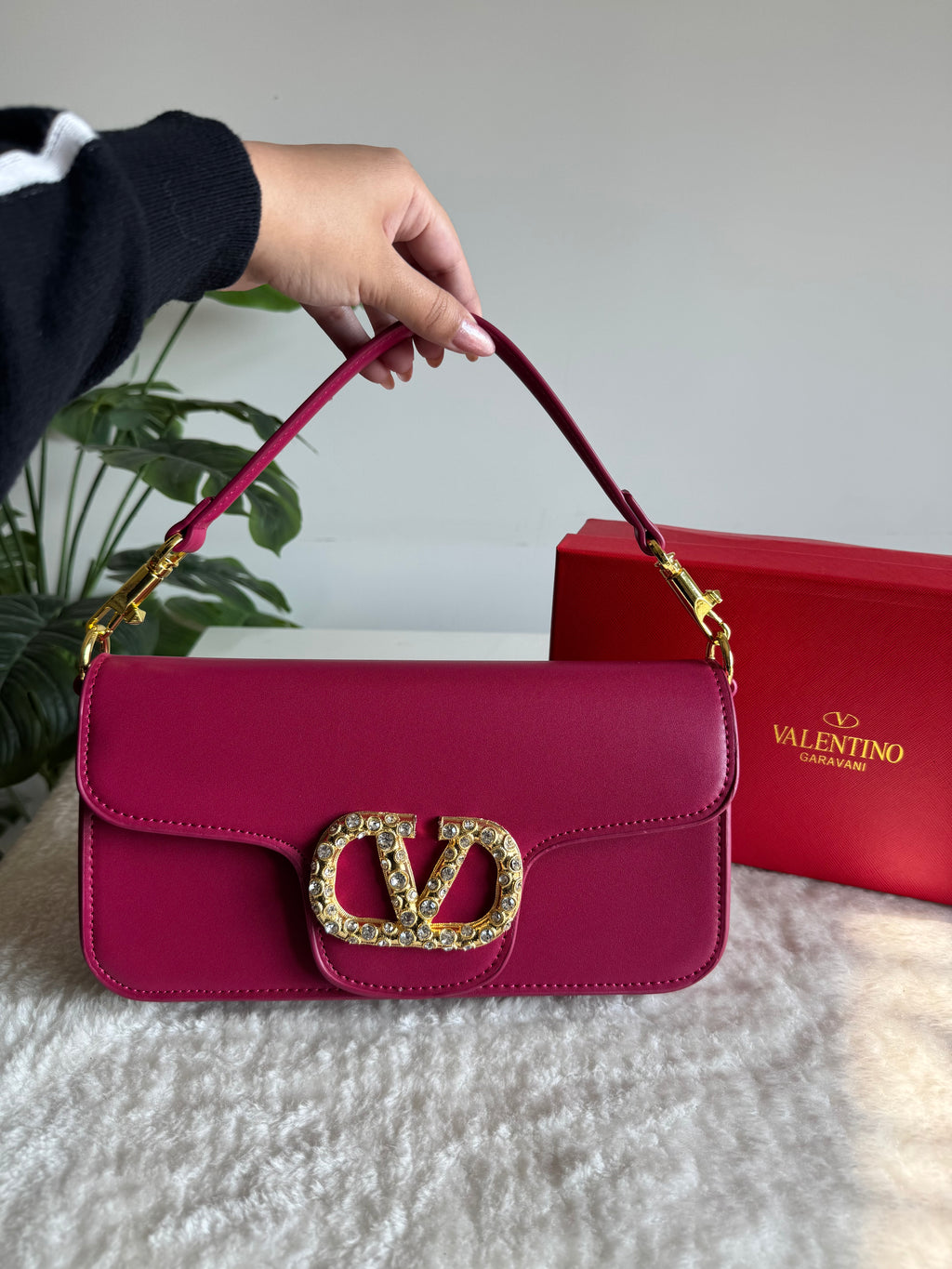 Valentino Loco with Jewel Logo PREMIUM Handbag with Box Packing - Hot Pink