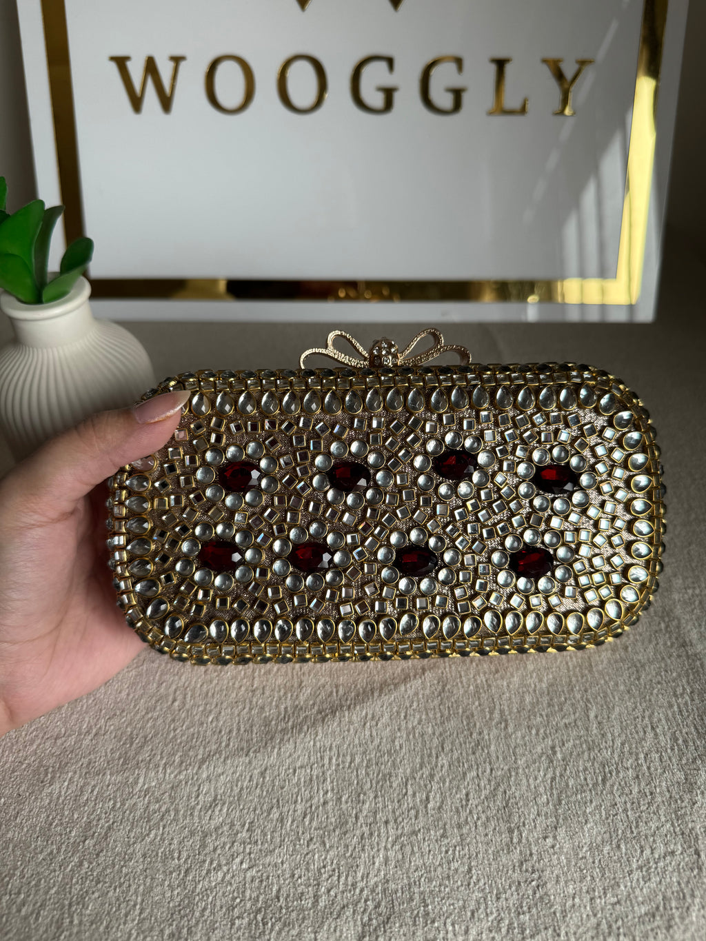 Kundan Stone Clutch - Maroon Stones