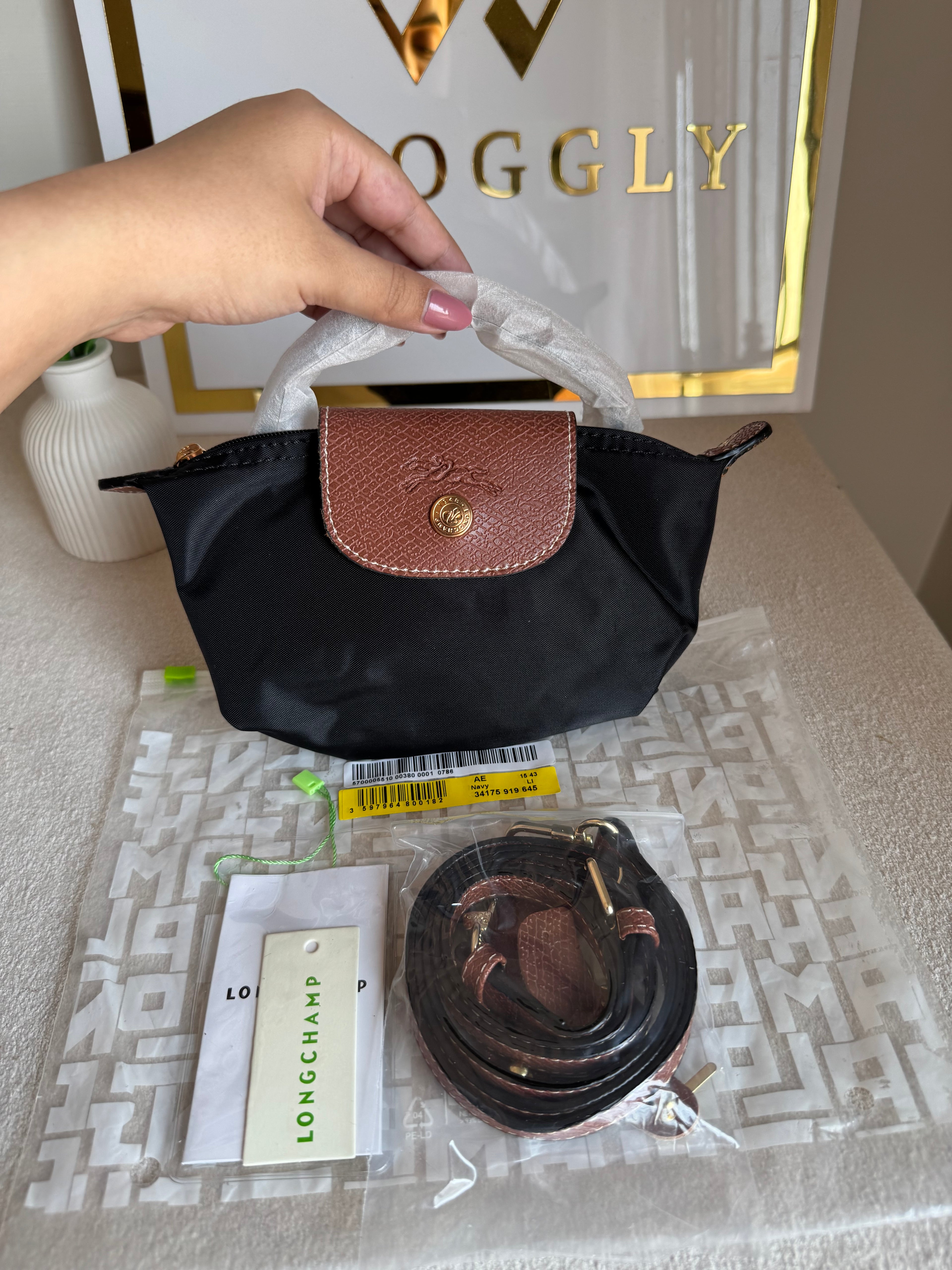 Premium LongChamp Crossbody Bag with Strap - Black (WITH BRAND LOGO)