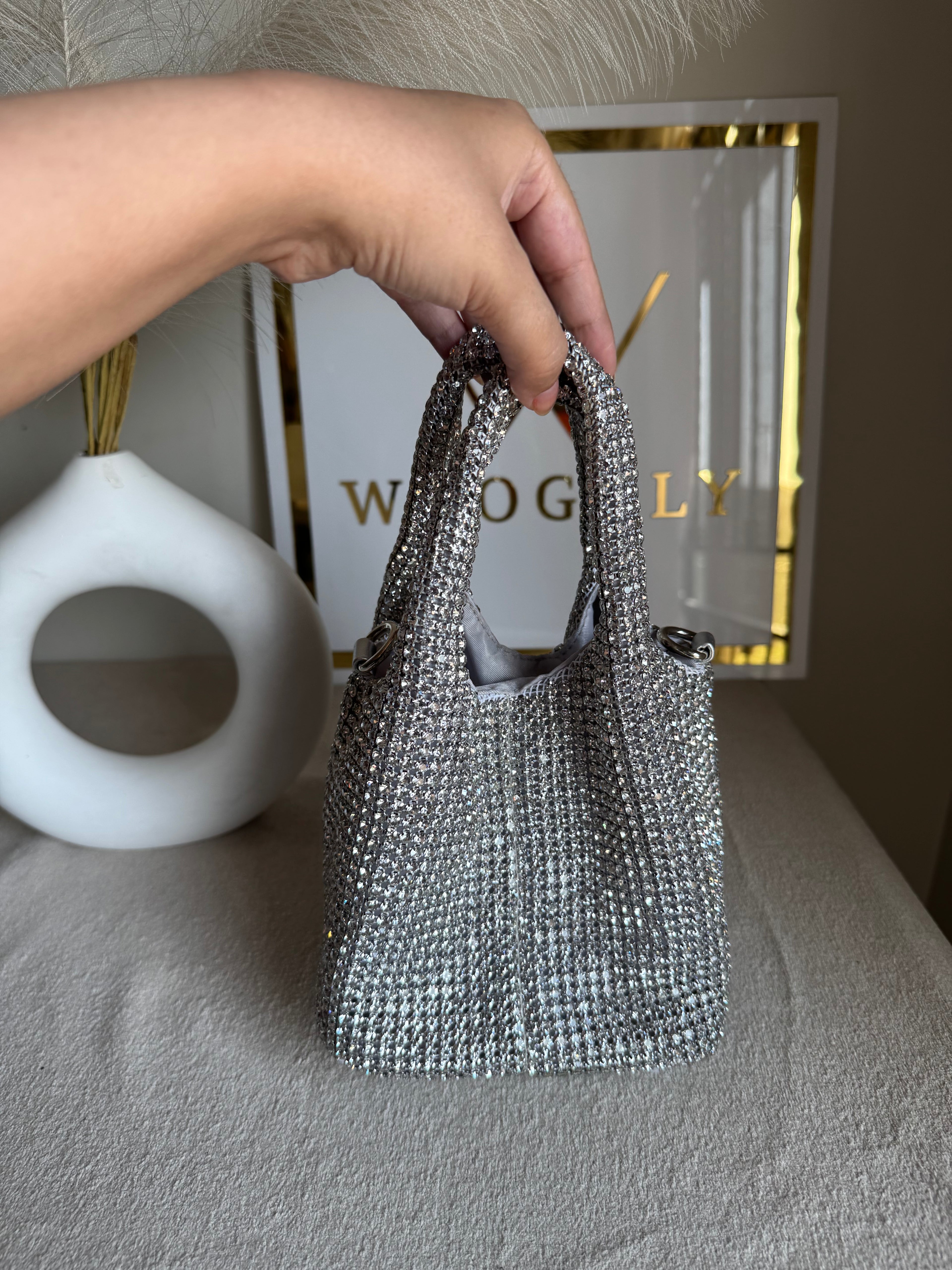 Party Wear Rhinestone Bucket Bag - Silver