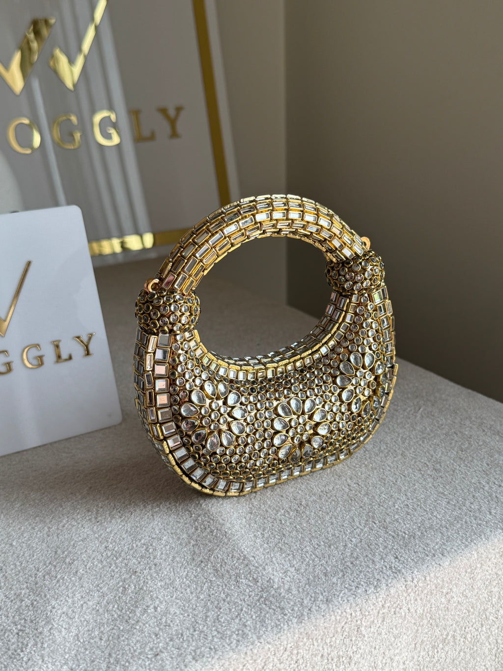 Kundan Classic Moon Clutch DESIGN 2 - Gold with Chain