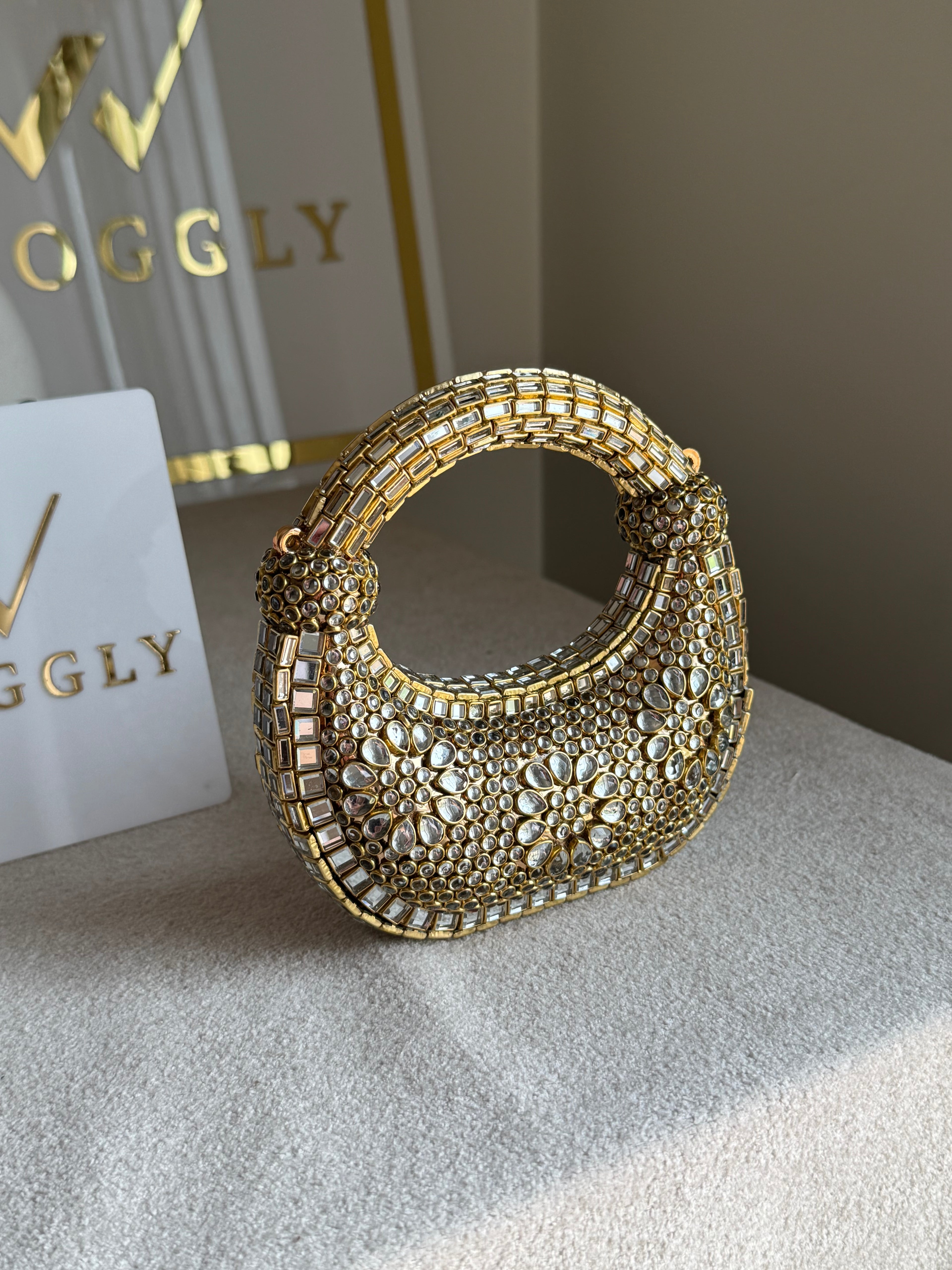 Kundan Classic Moon Clutch DESIGN 2 - Gold with Chain