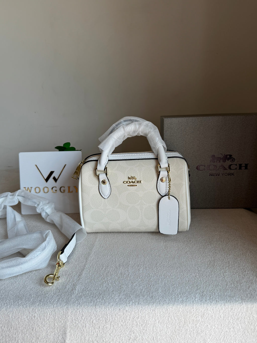 COACH Mini Duffle Bag PREMIUM with Long Strap Signature White - BOX PACKING