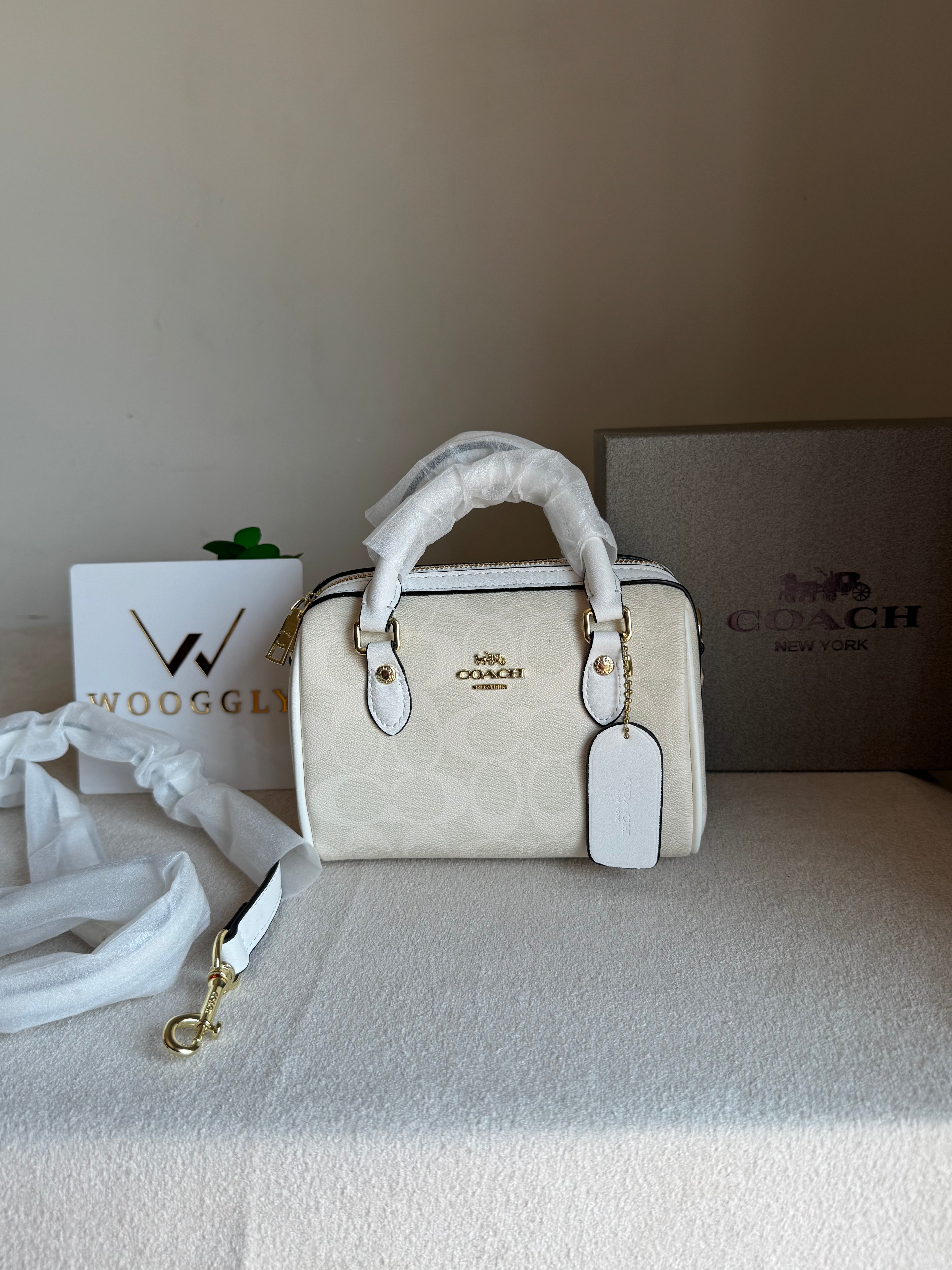 COACH Mini Duffle Bag PREMIUM with Long Strap Signature White - BOX PACKING