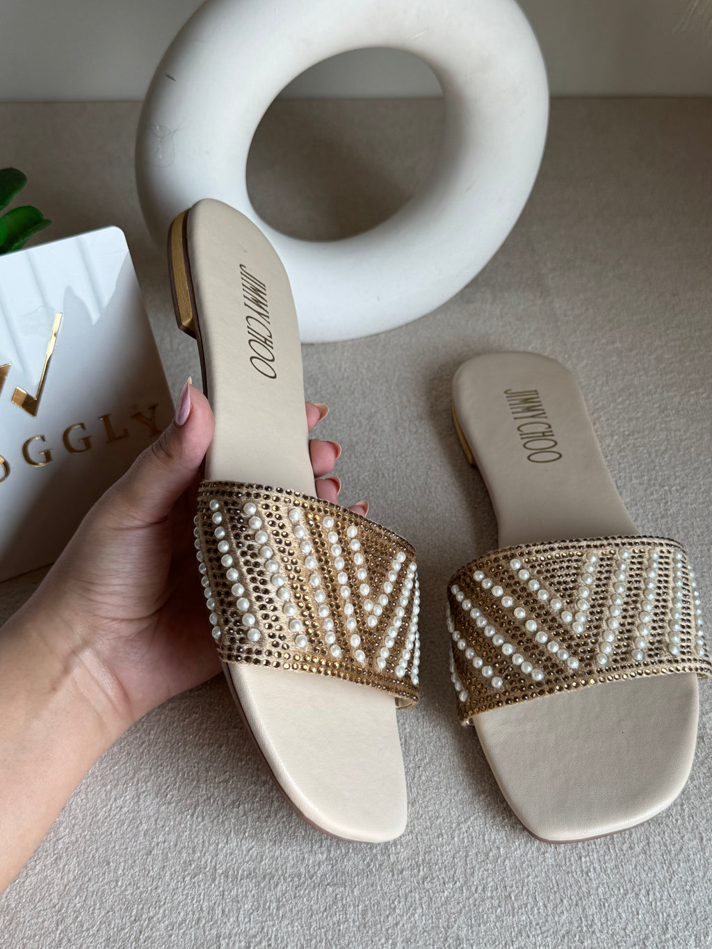 Jimmy Choo Glam Slides Beige with Pearl