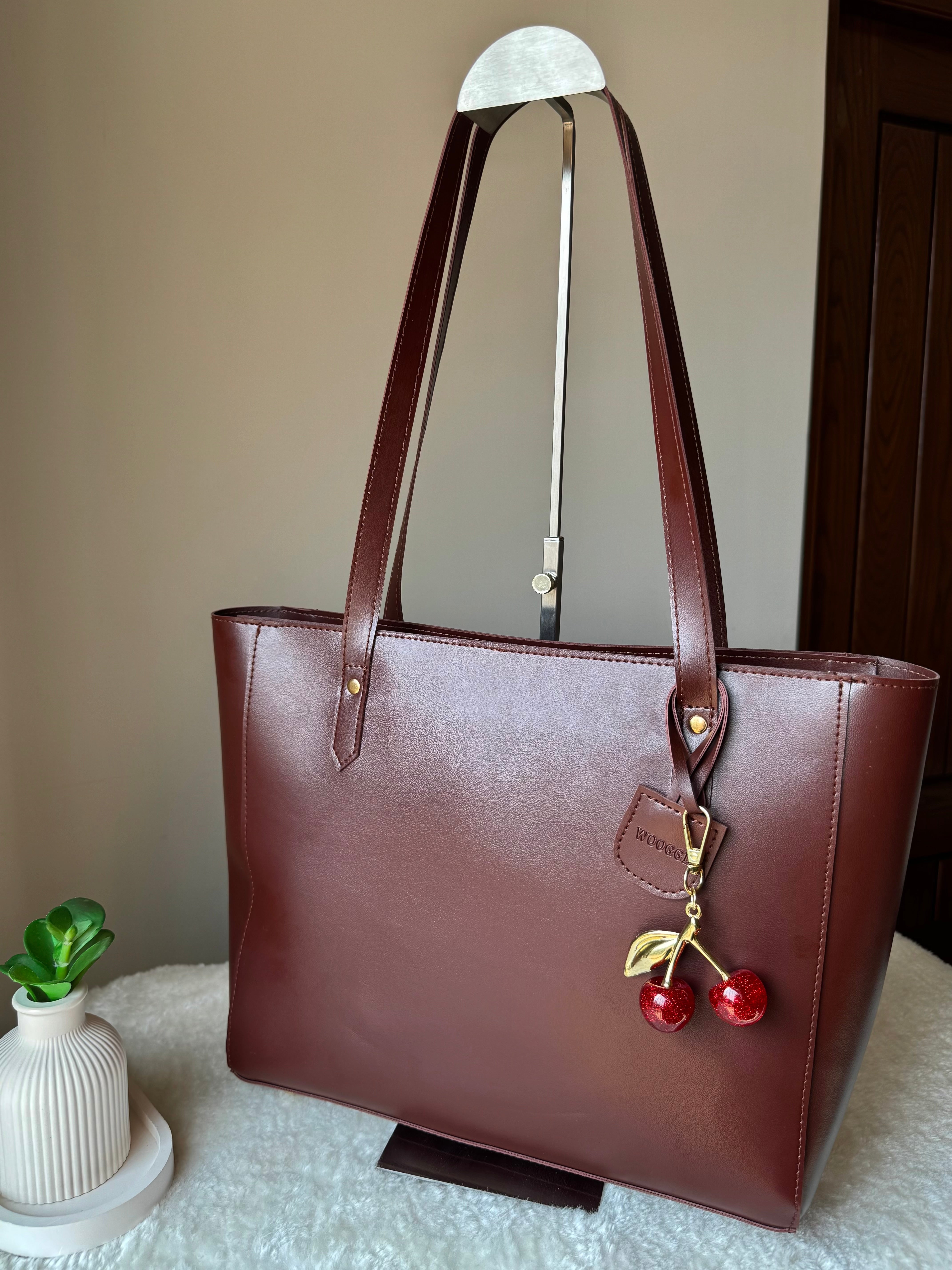 Wooggly Signature Tote Bag with Cherry Charm - Chocolate Brown