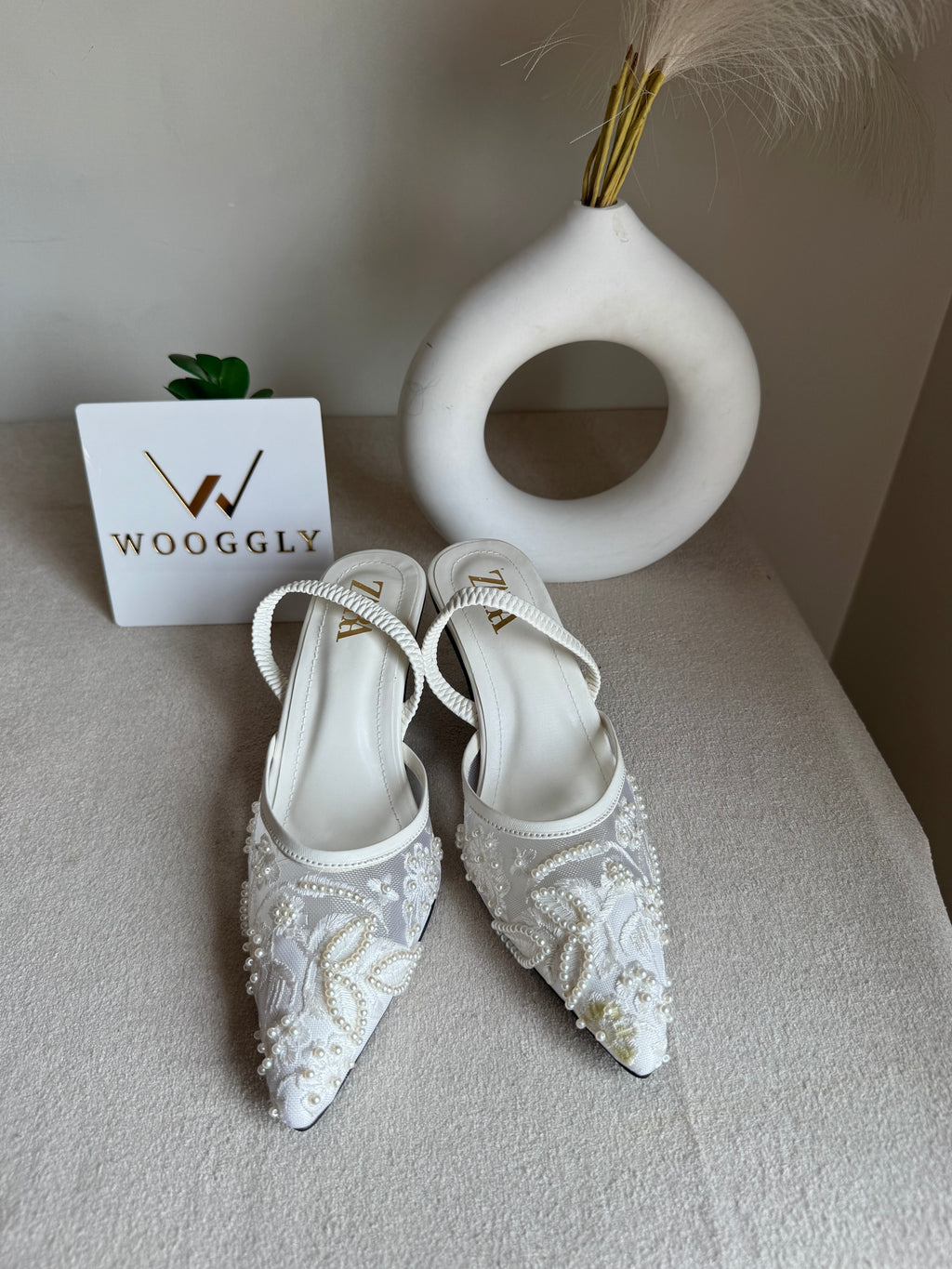 Zara Embroidered Net Heels - White