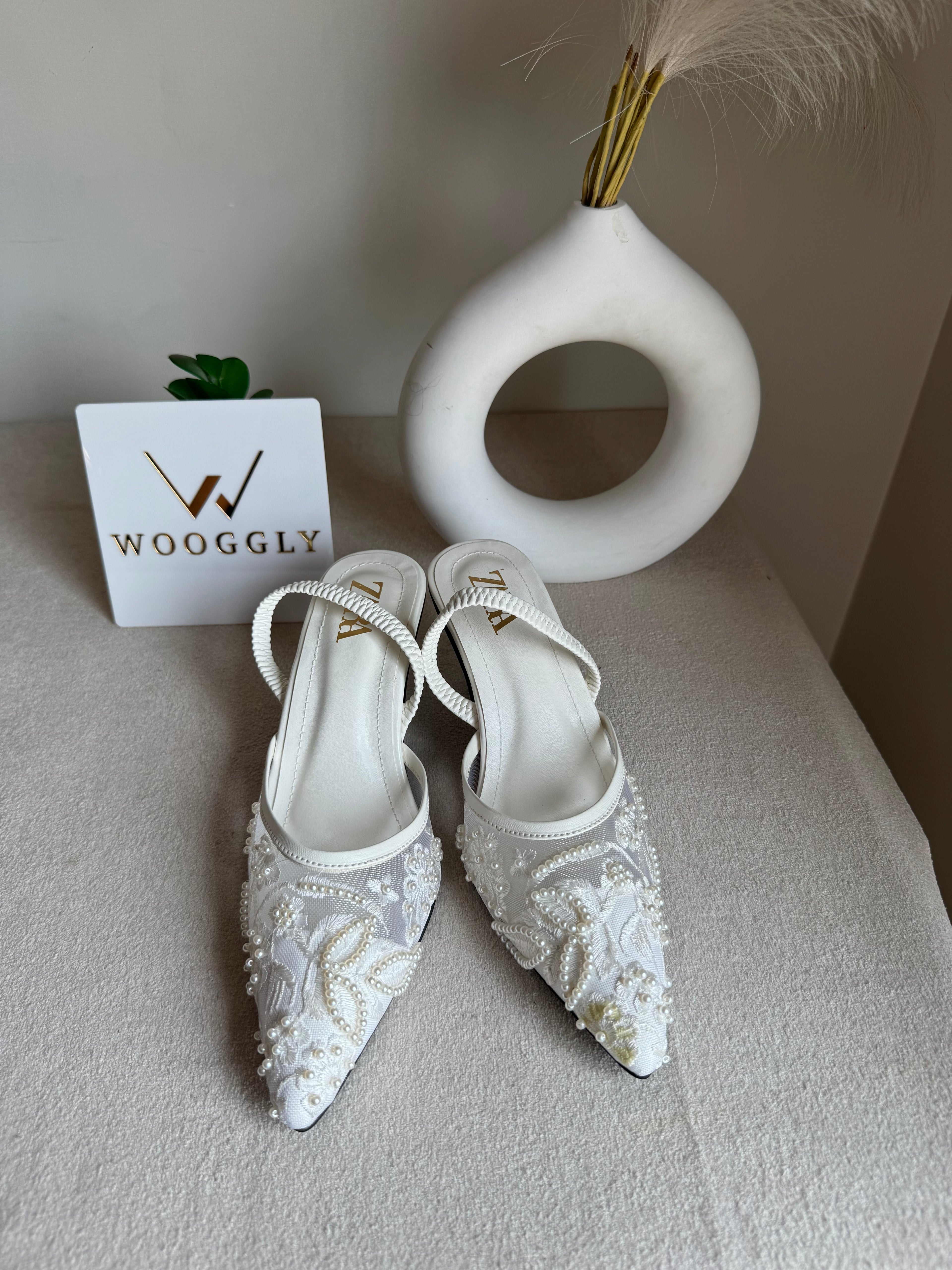 Zara Embroidered Net Heels - White