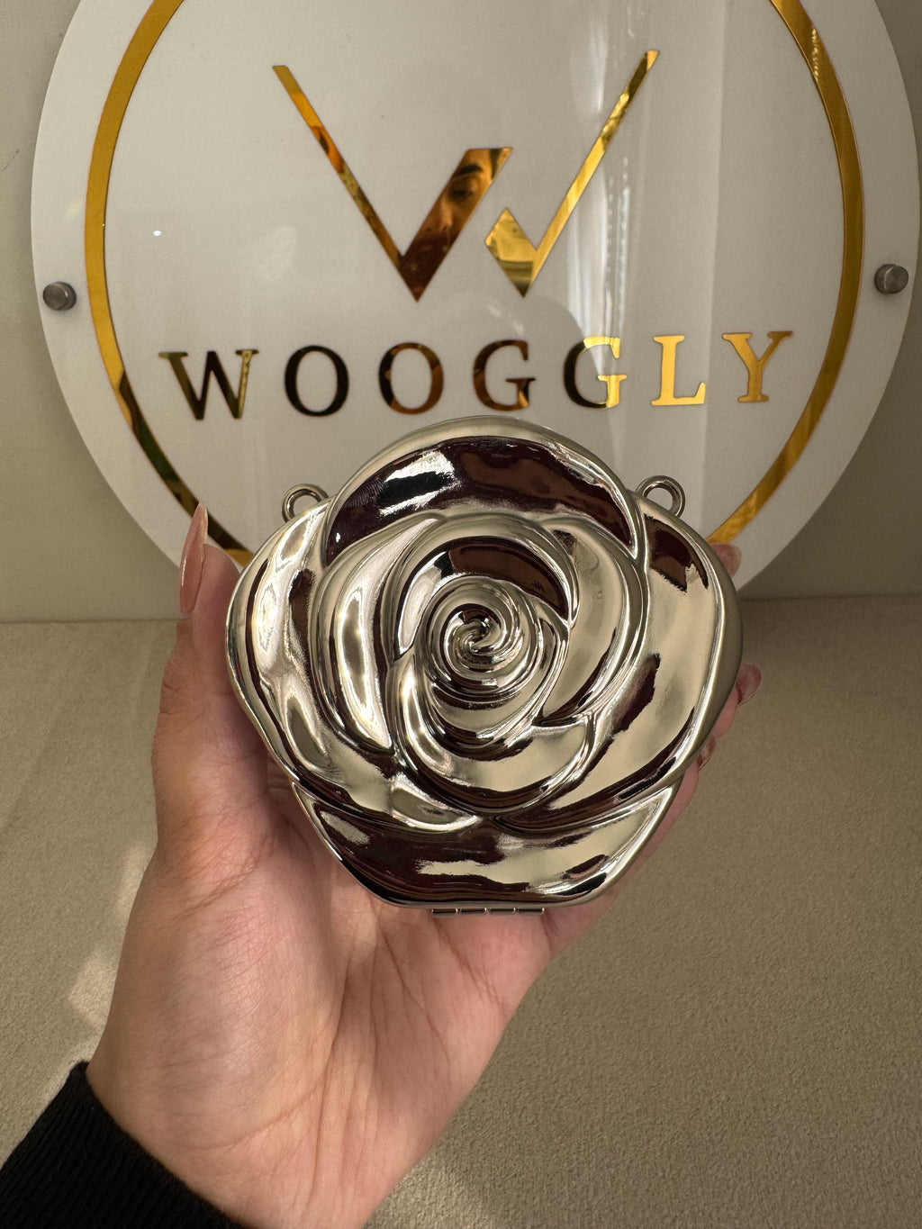 Metallic Rose Clutch with Chain - Mini Silver