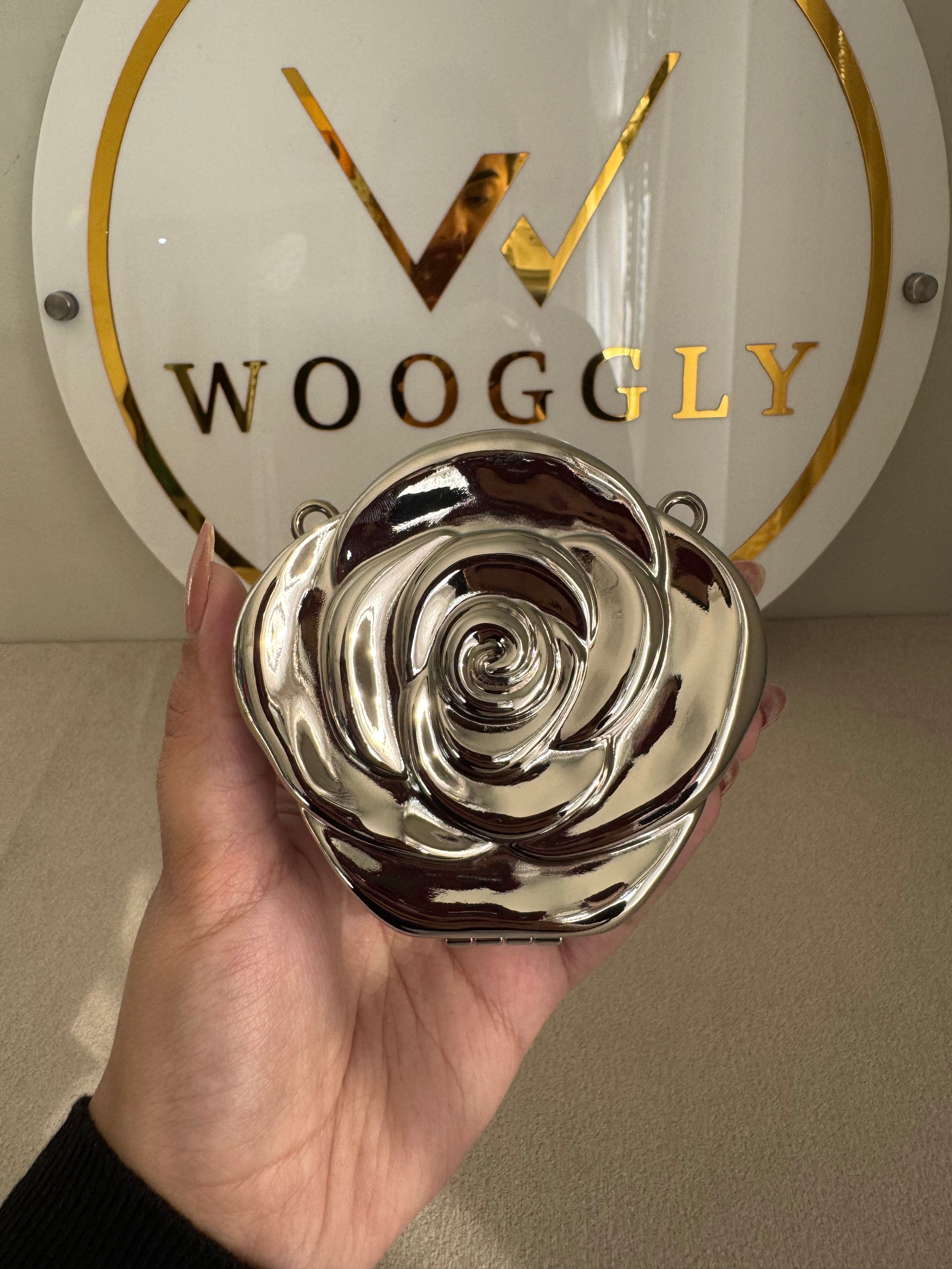 Metallic Rose Clutch with Chain - Mini Silver