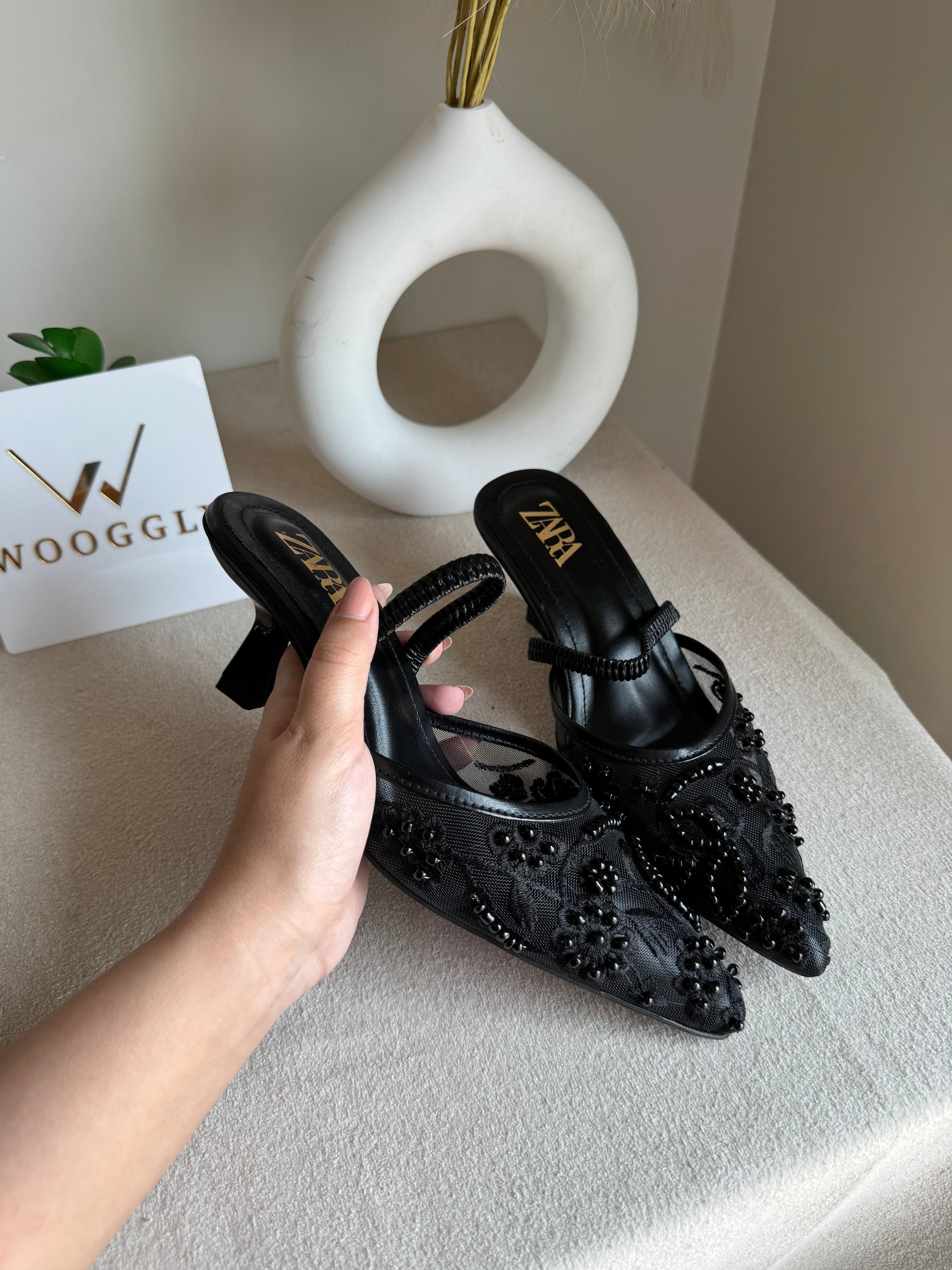 Zara Embroidered Net Heels - Black