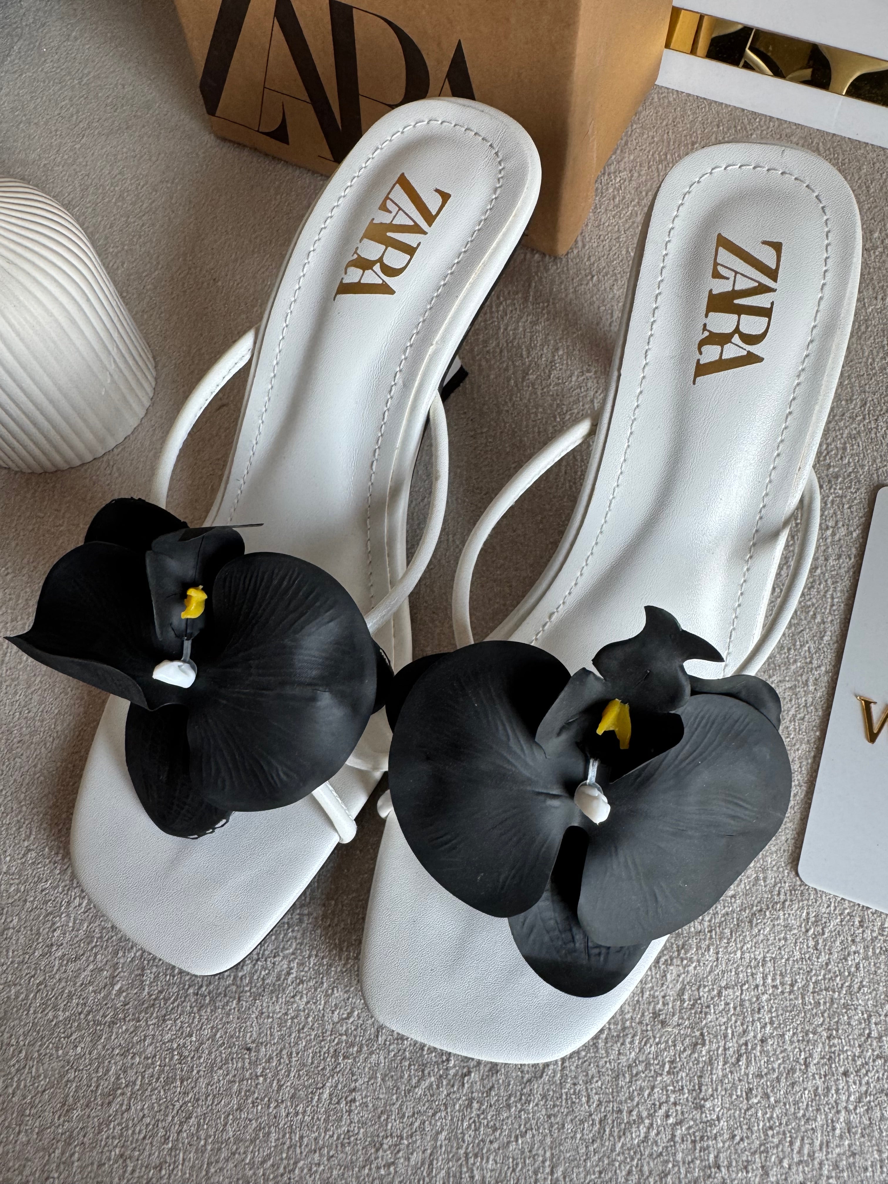 Zara Flower Heels WHITE WITH BLACK with Brand Box
