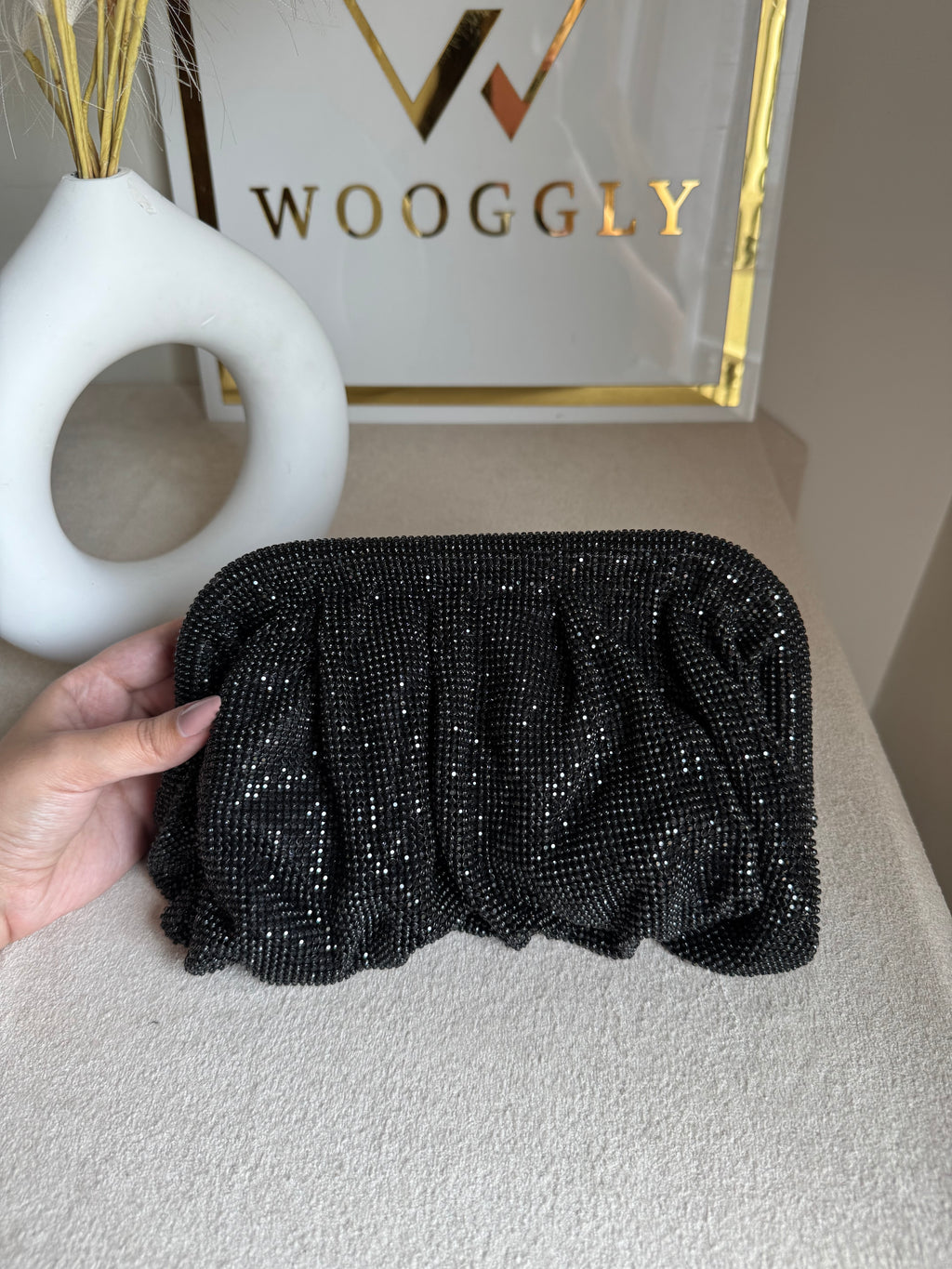Viral High Quality Rhinestone Clutch with Chain - Shimmer Black