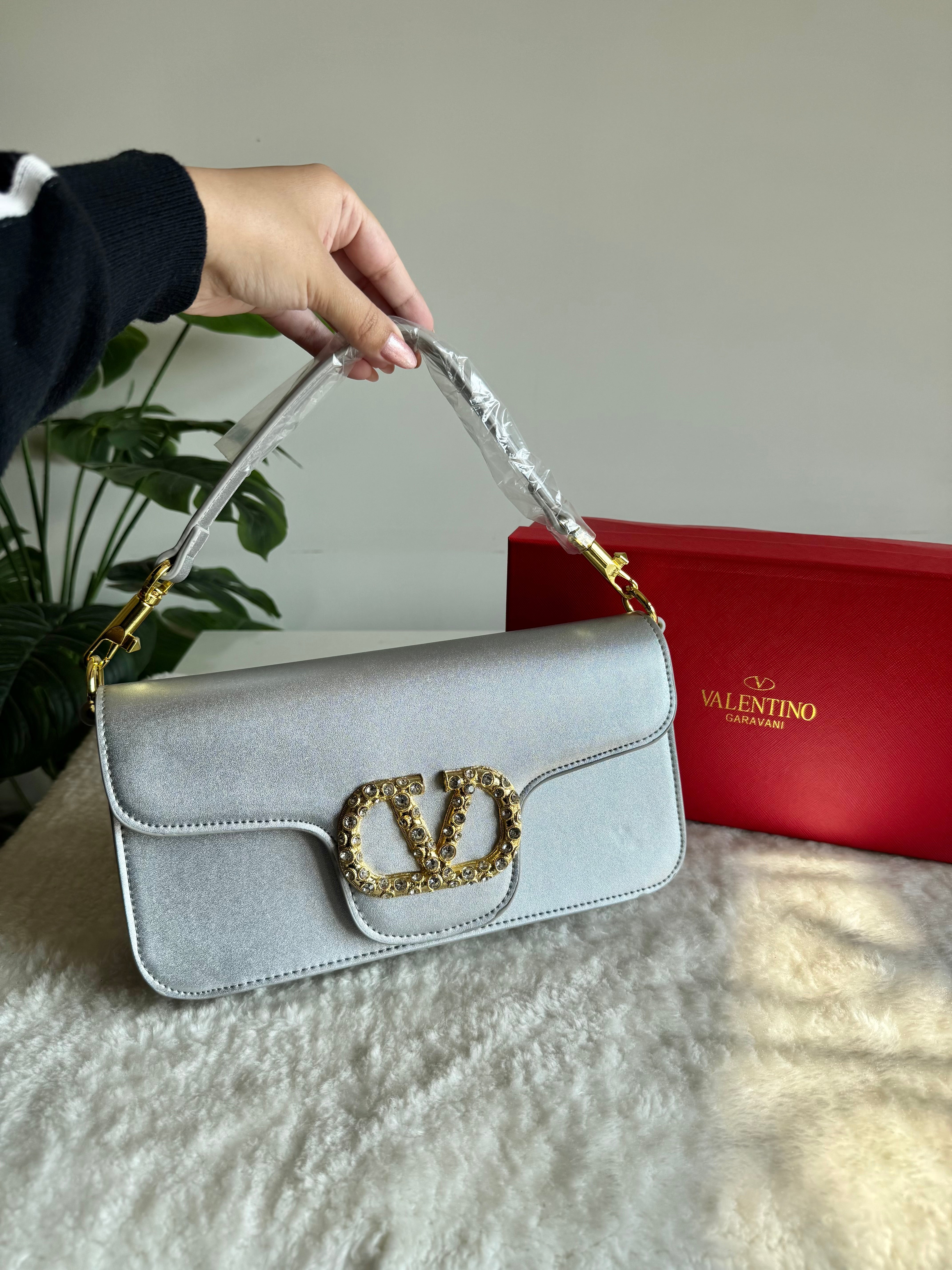 Valentino Loco with Jewel Logo PREMIUM Handbag with Box Packing - Silver