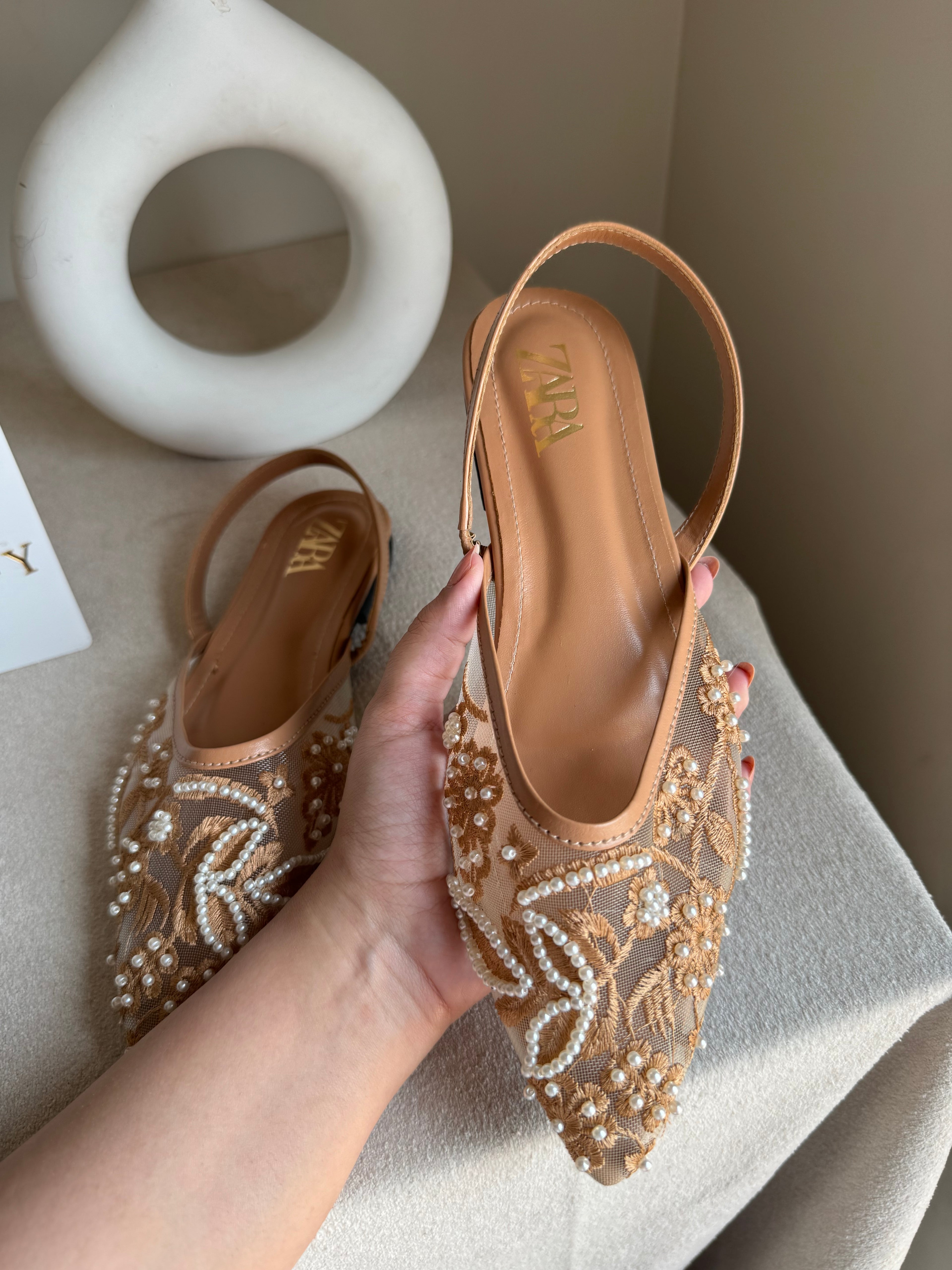 Zara Embroidered Mesh Slingback Flats  - Beige