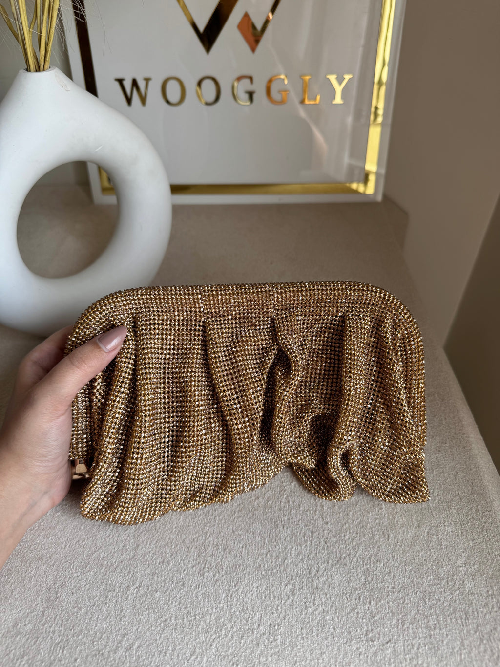Viral High Quality Rhinestone Clutch with Chain - Golden