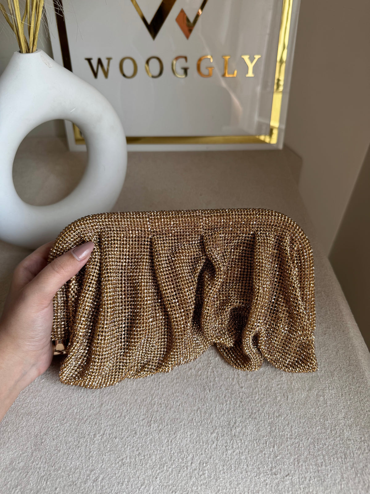 Viral High Quality Rhinestone Clutch with Chain - Golden