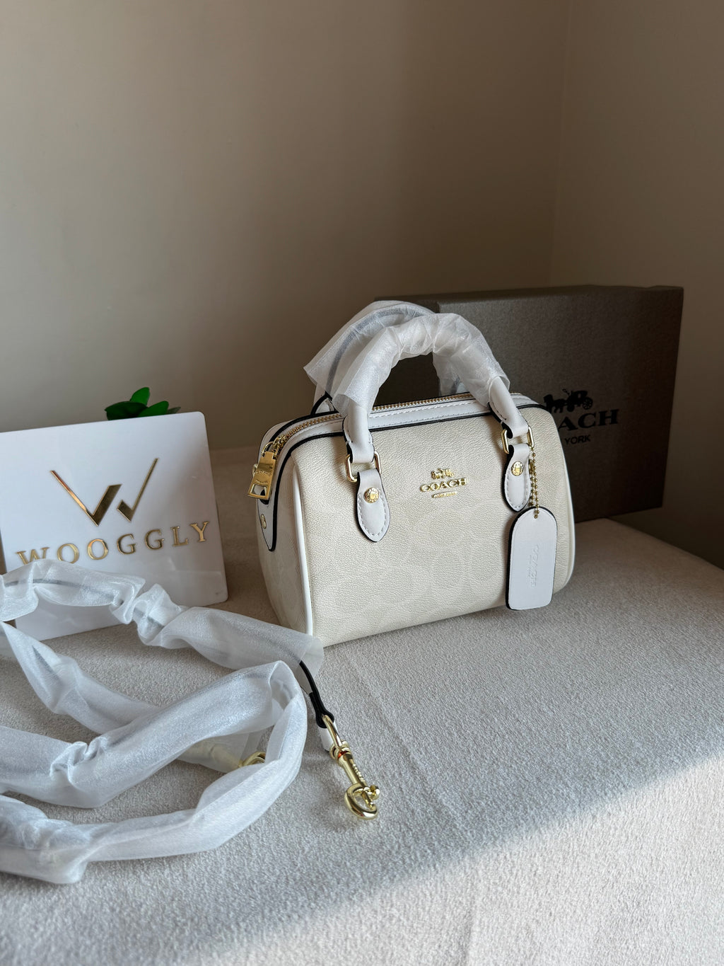 COACH Mini Duffle Bag PREMIUM with Long Strap Signature White - BOX PACKING