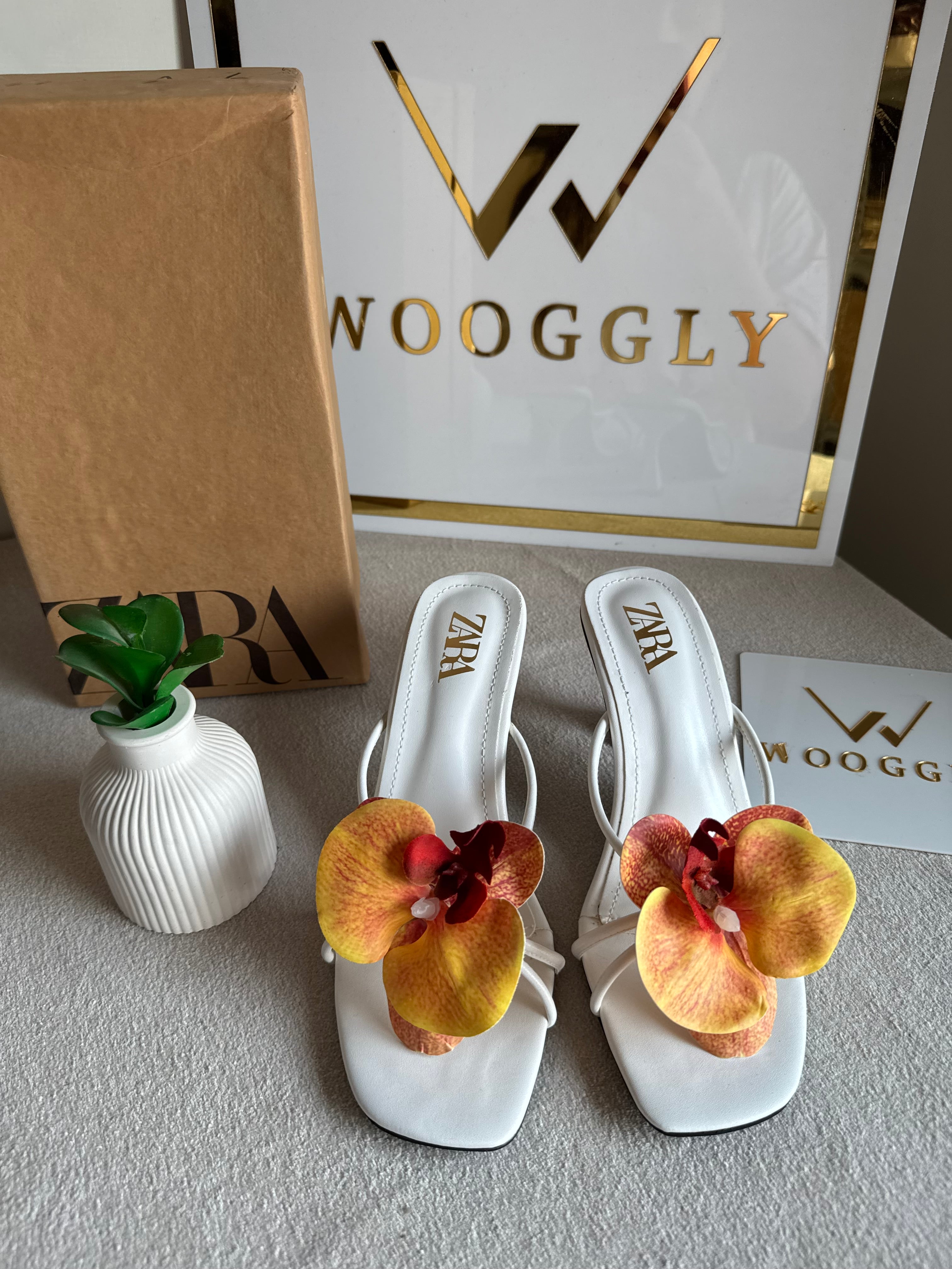 Zara Flower Heels WHITE WITH YELLOW - with Brand Box