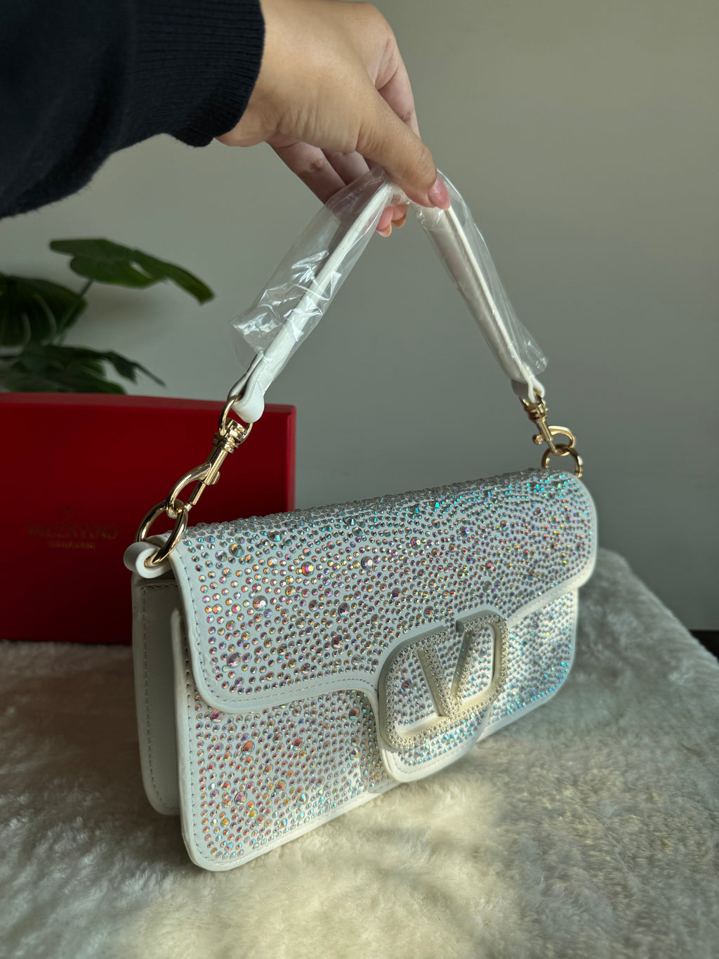 Valentino Loco Rhinestone PREMIUM Handbag with Box Packing - White & Silver