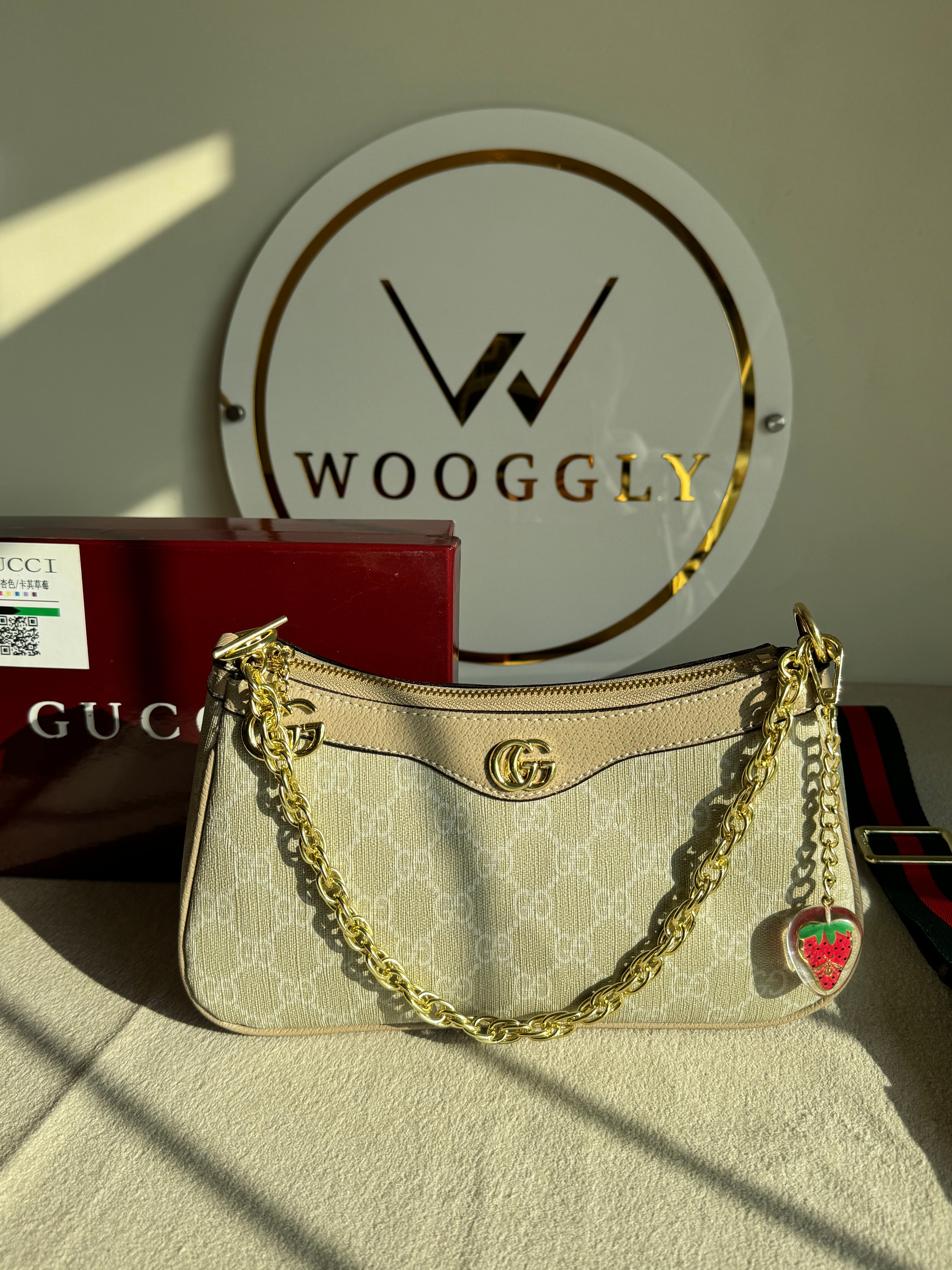 GUCCI Sling with Long Strap & Strawberry Charm - Beige with Box Packing