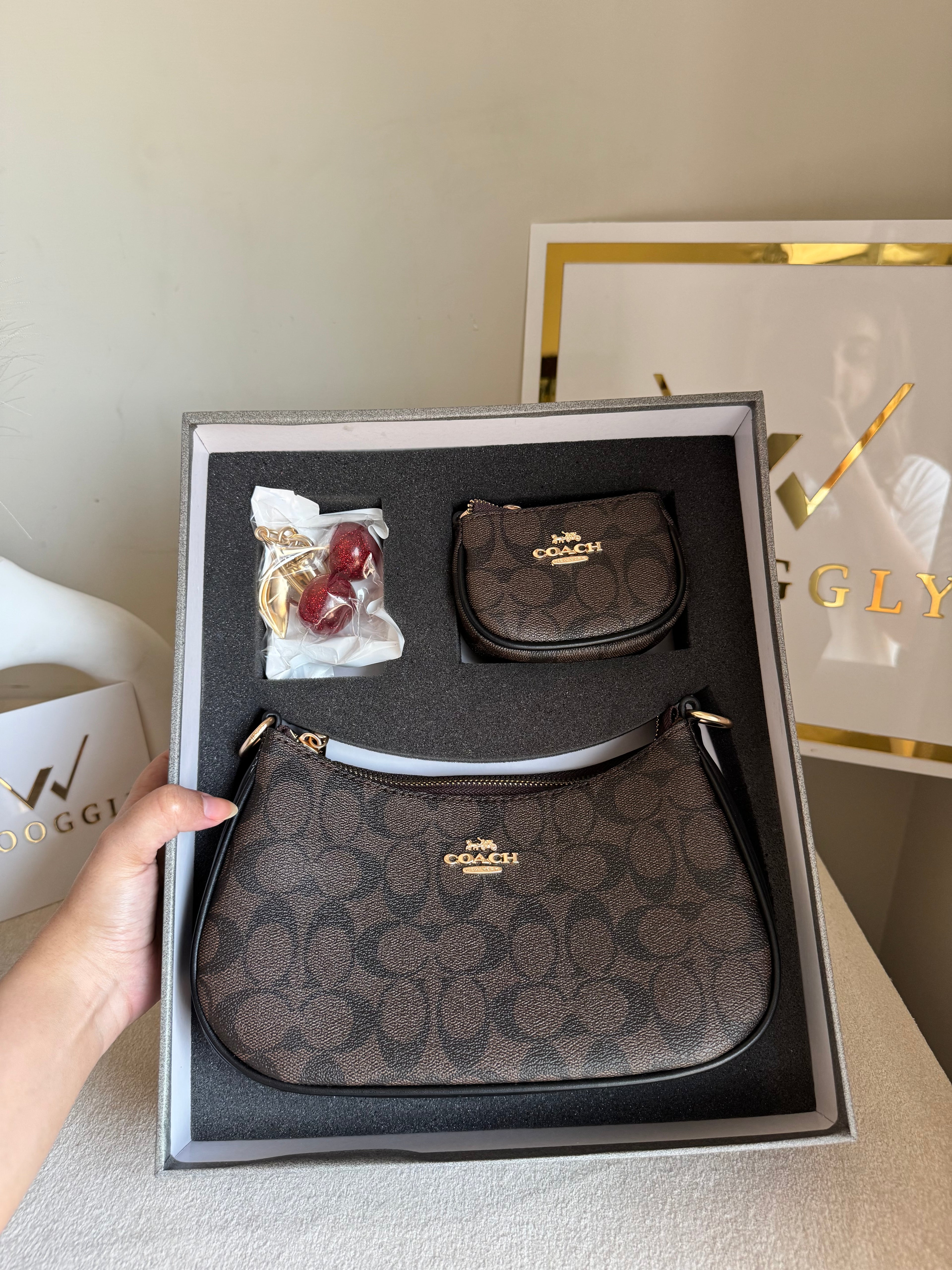 COACH Teri Gift Box with Baby Teri Charm & Coach Cherry Charm - Signature Brown