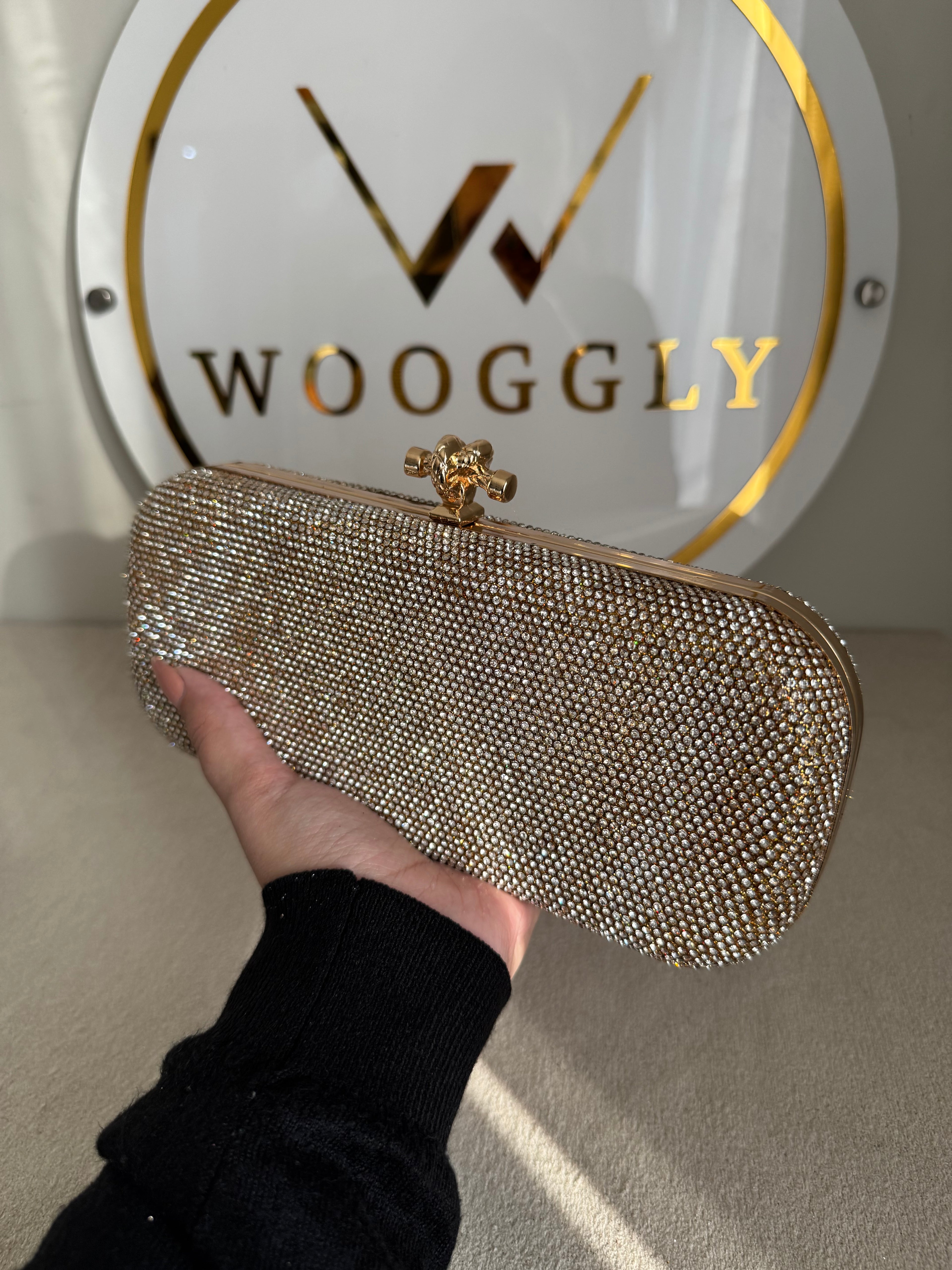 Bottega Shimmer Clutch - Rose Gold with Chain