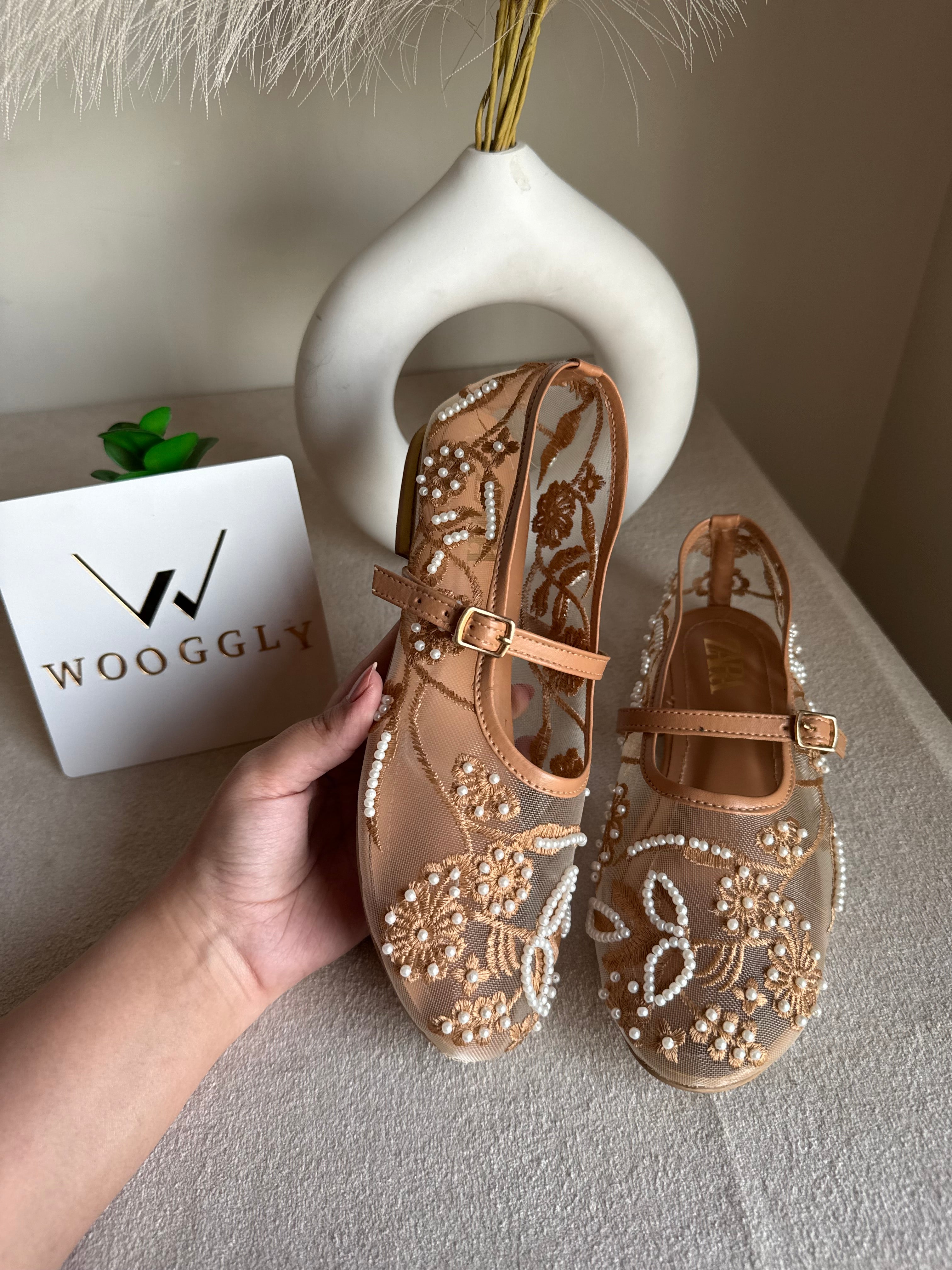 Zara Embroided Net Pumps - Beige