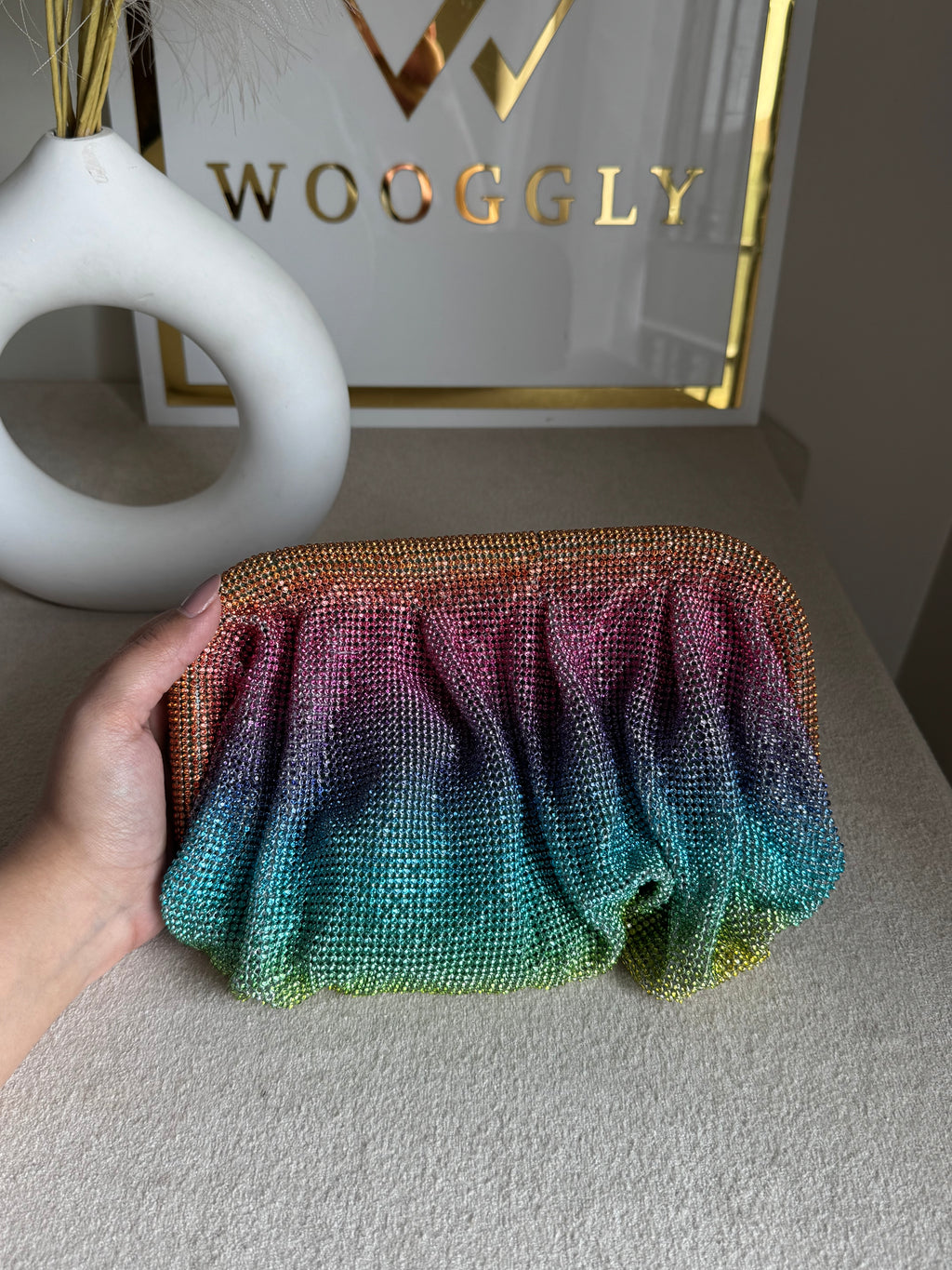 Viral High Quality Rhinestone Clutch with Chain - Rainbow Ombre