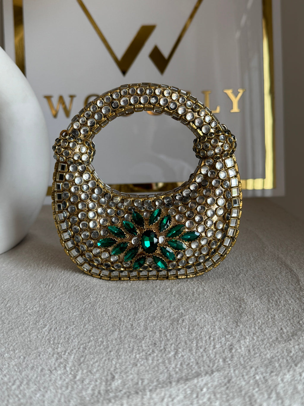 Kundan Classic Moon Clutch with Green Stone Embellishment