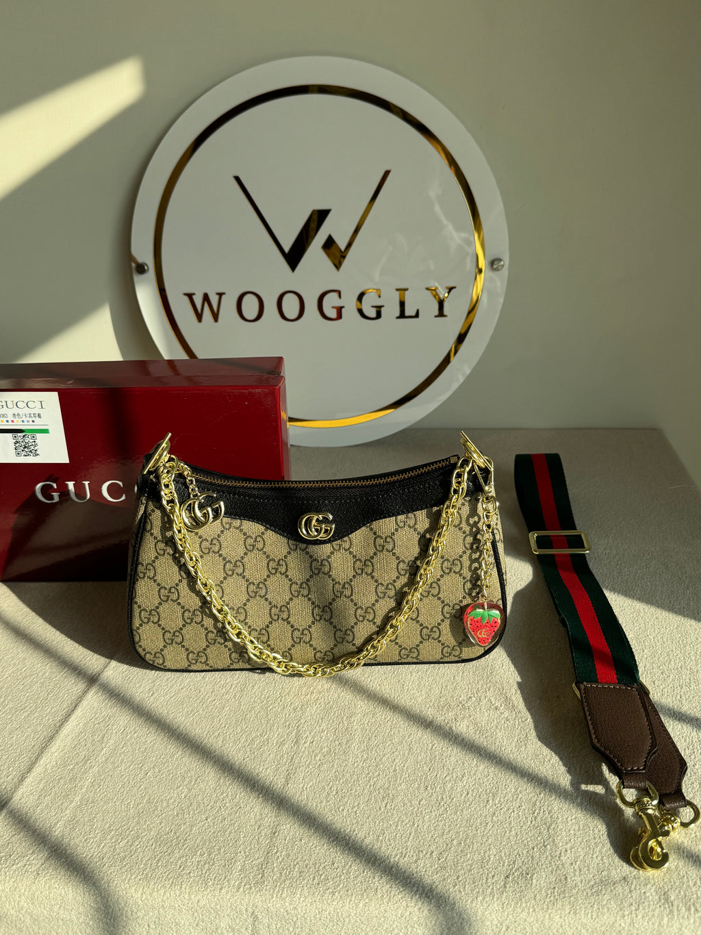 GUCCI Sling with Long Strap & Strawberry Charm - Signature Black with Box Packing