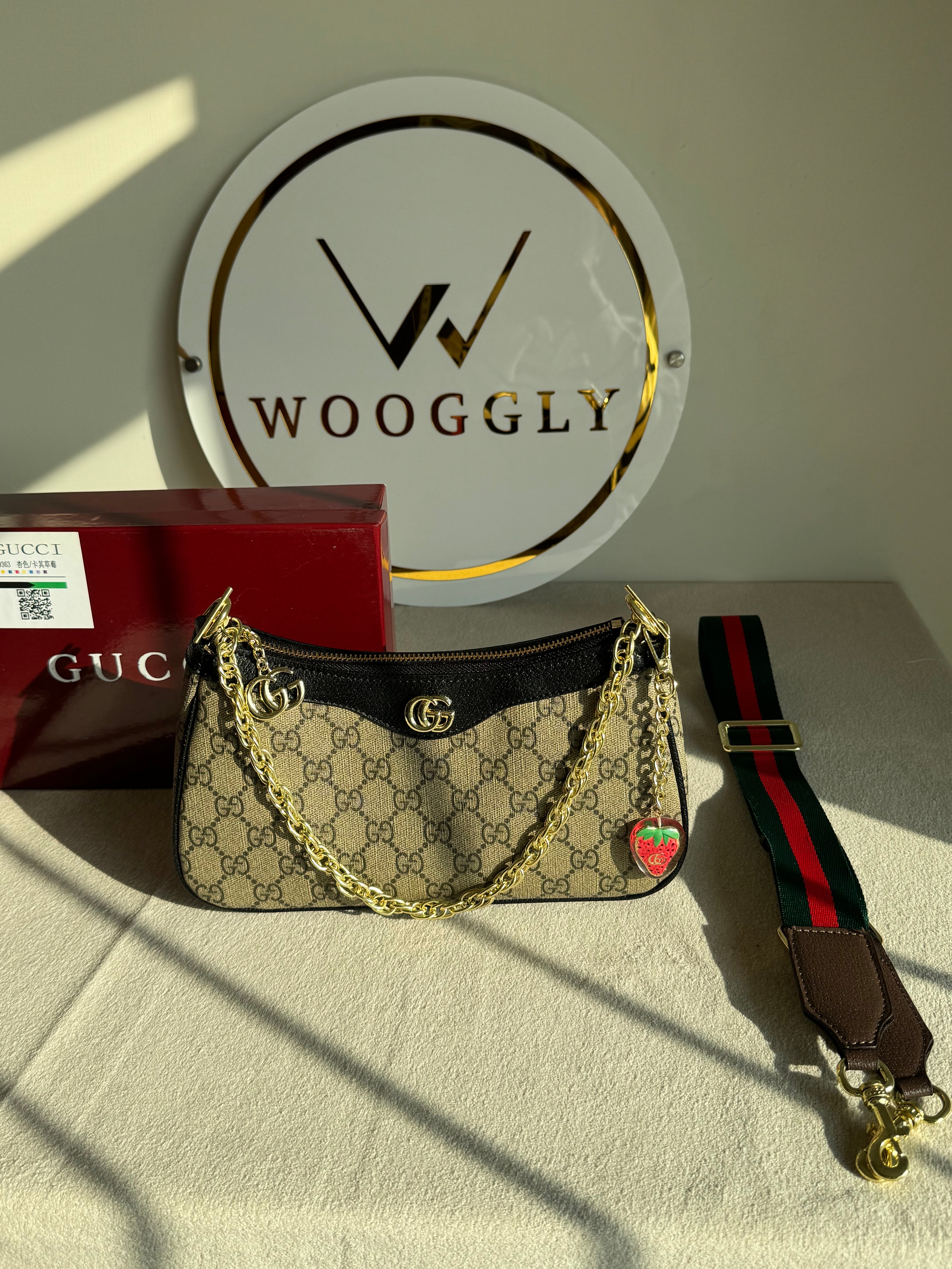 GUCCI Sling with Long Strap & Strawberry Charm - Signature Black with Box Packing