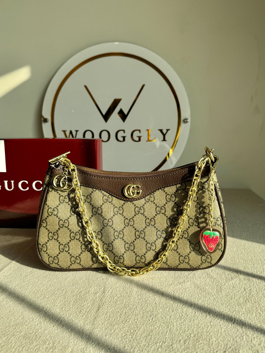 GUCCI Sling with Long Strap & Strawberry Charm - Signature Brown with Box Packing