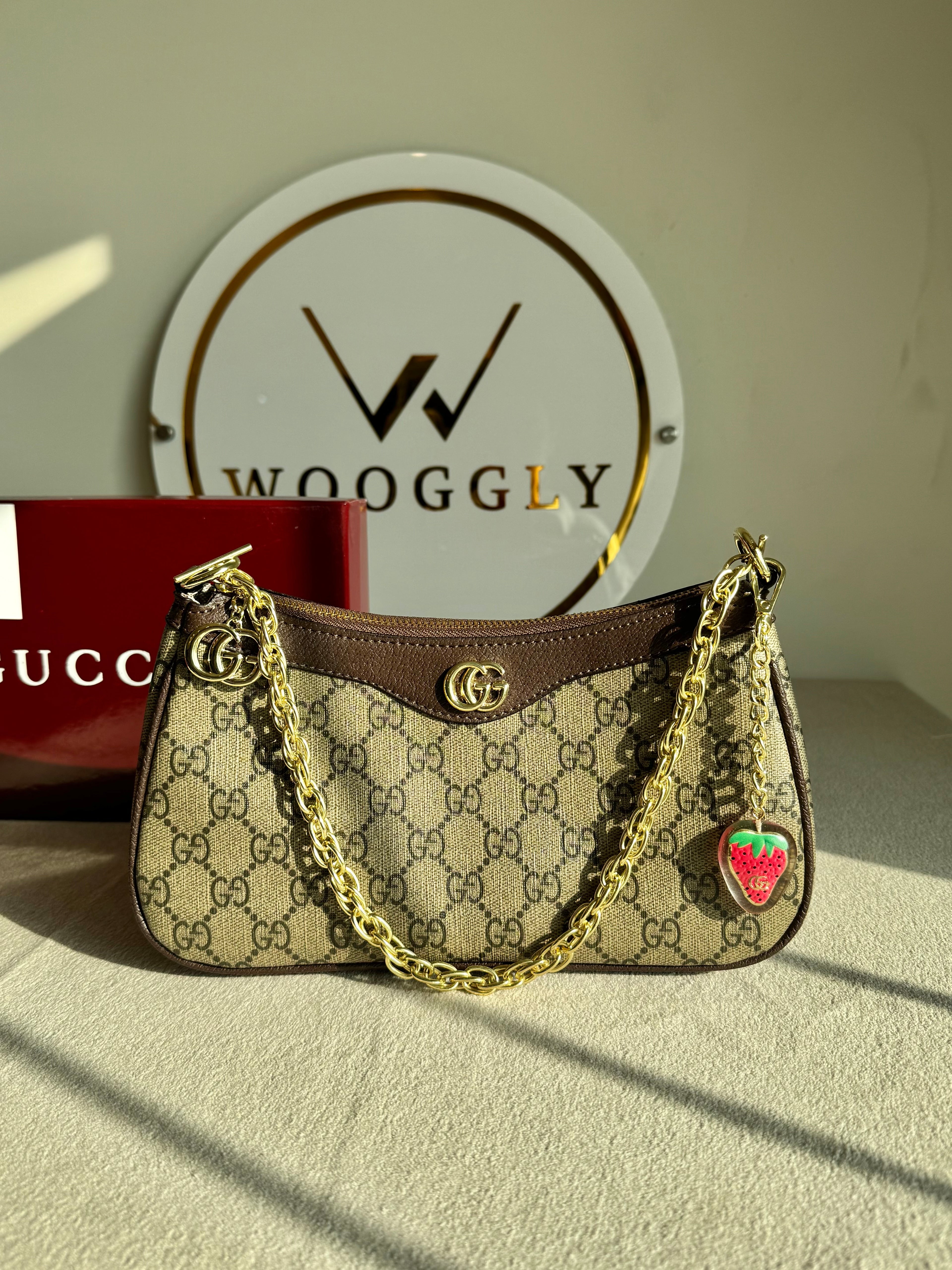 GUCCI Sling with Long Strap & Strawberry Charm - Signature Brown with Box Packing