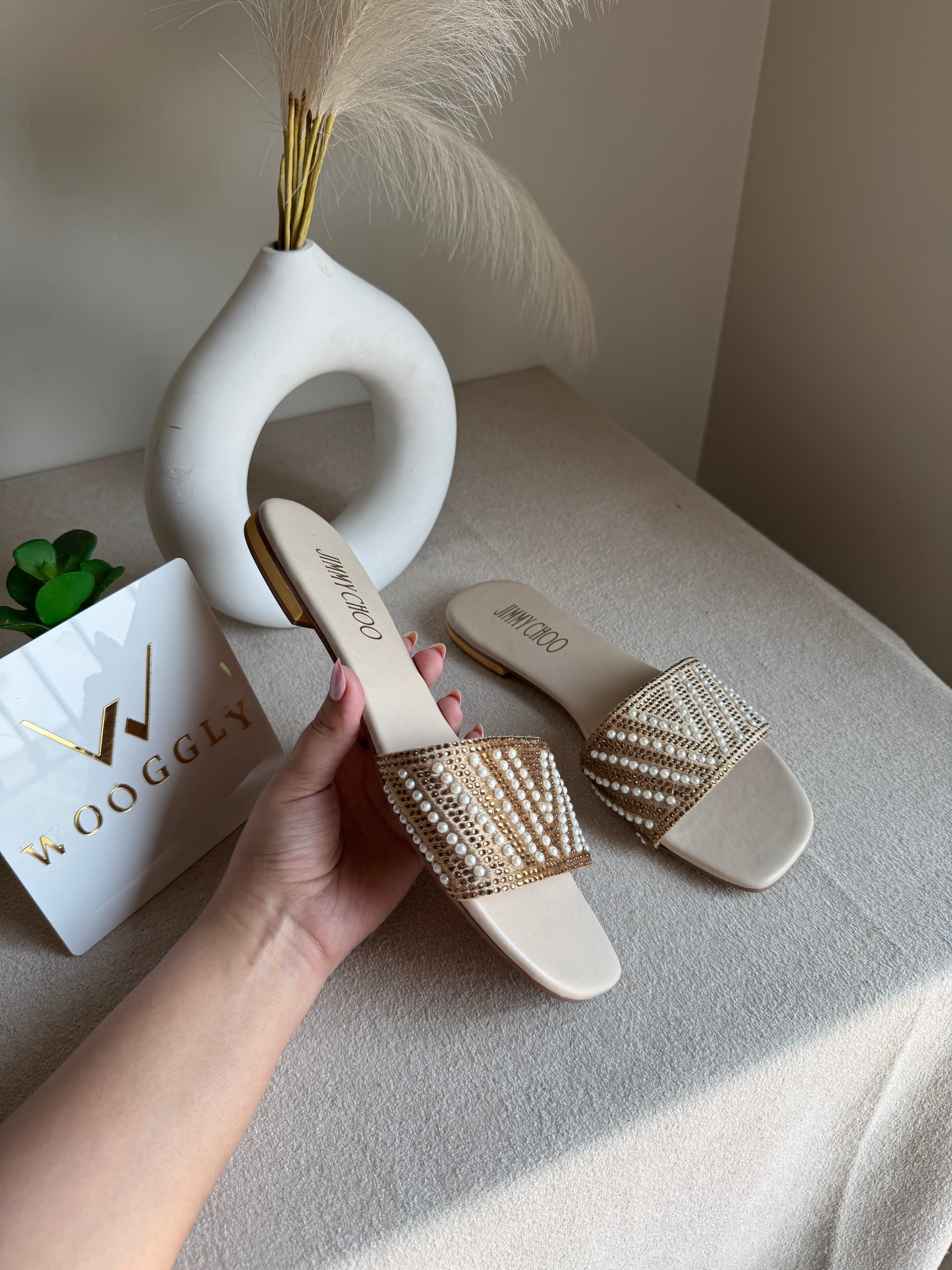 Jimmy Choo Glam Slides Beige with Pearl