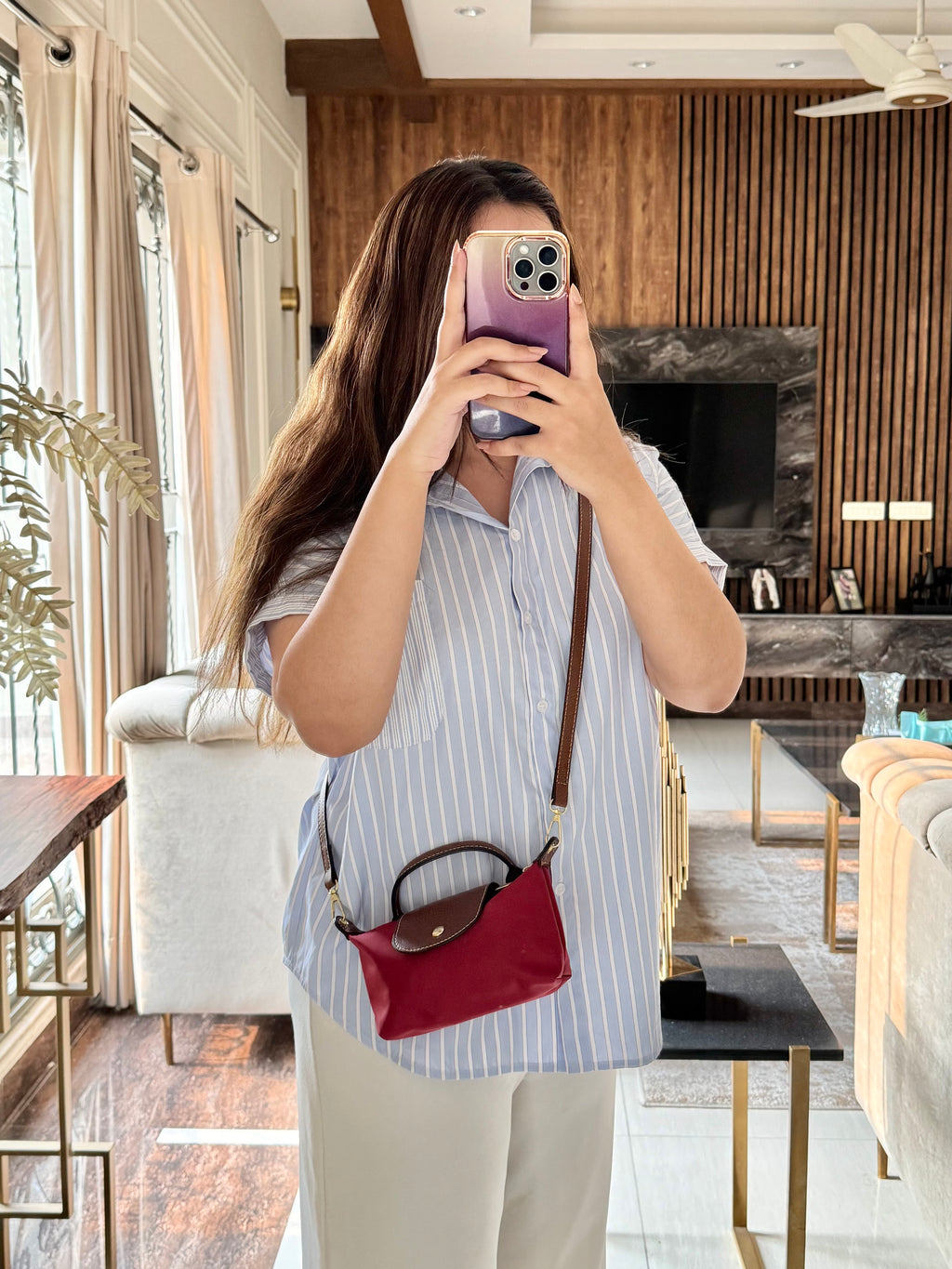 Longchamp Crossbody Bag with Strap - Small Maroon (NO LOGO)